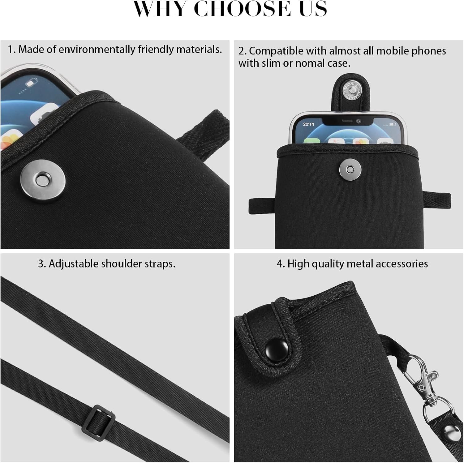 Custom Logo Neoprene Phone Sleeve Case with Crossbody Strap Private Label Compatible for iPhone 17 Pro Max Air 16 Plus/Galaxy S25 Ultra/S25 Edge FE A16 A36 A56/Pixel 10 Pro XL/OnePlus 13 Manufacturer (Black XL)