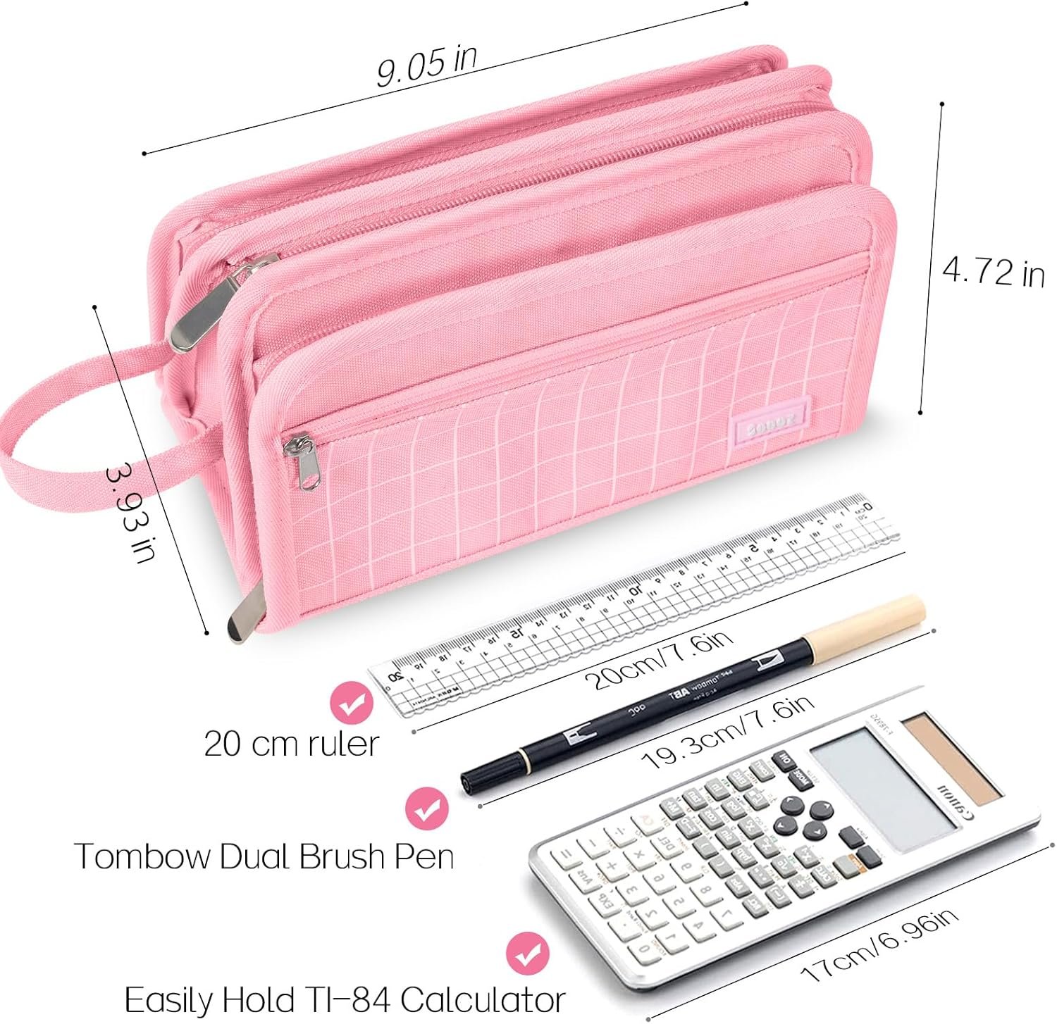 Manufacturer Large Pencil Case Big Capacity Pen Bag with 3 Compartments Private Label Portable Canvas Zipper Stationery Organizer Custom Logo Cute Aesthetic School Supplies for Teen Girls College Pure Pink