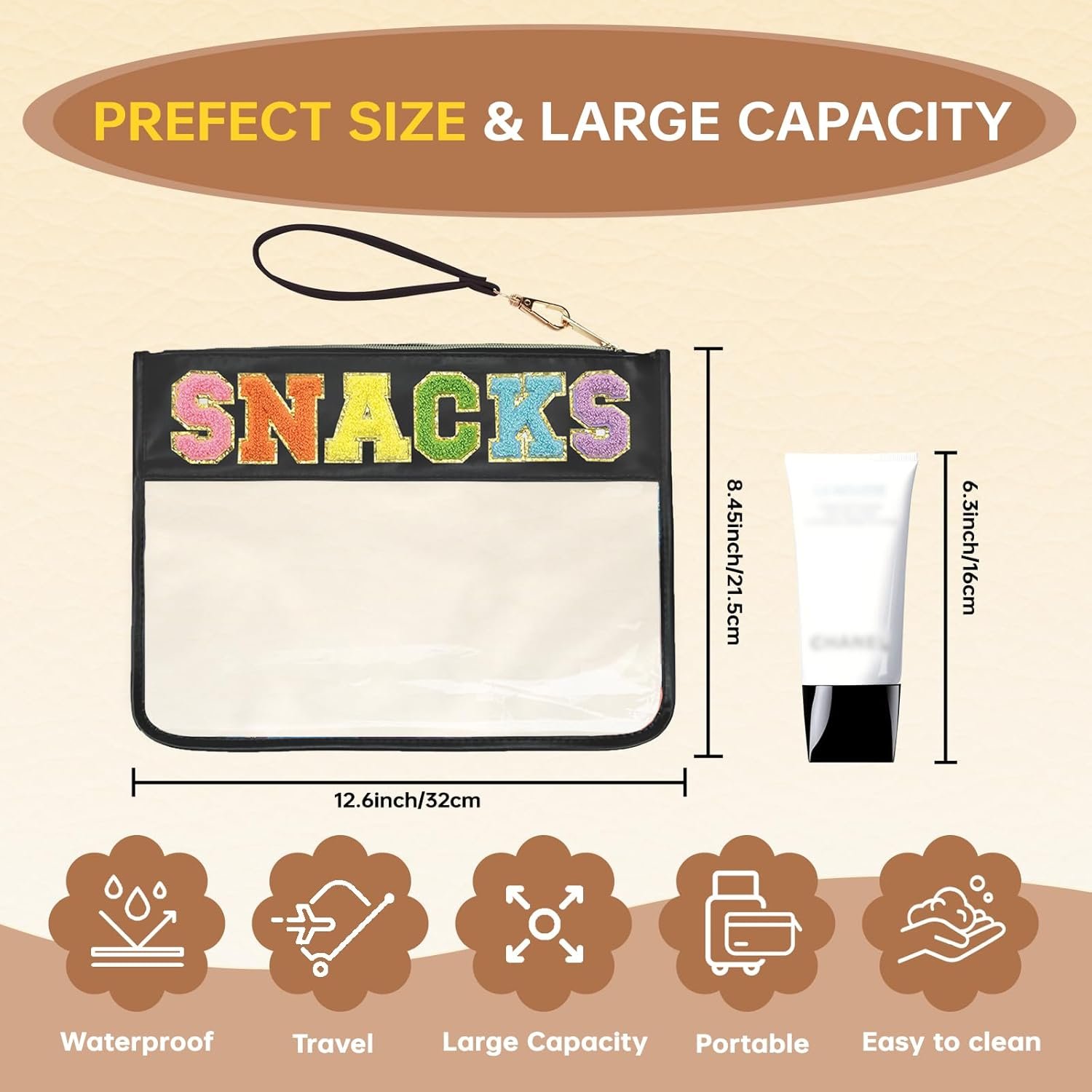 Private Label Snacks Bag Clear Chenille Varsity Letter Zipper Pouch Travel Makeup Aesthetic Storage Organizer with Custom Logo Glitter Patch Letters Black Supplier for Women