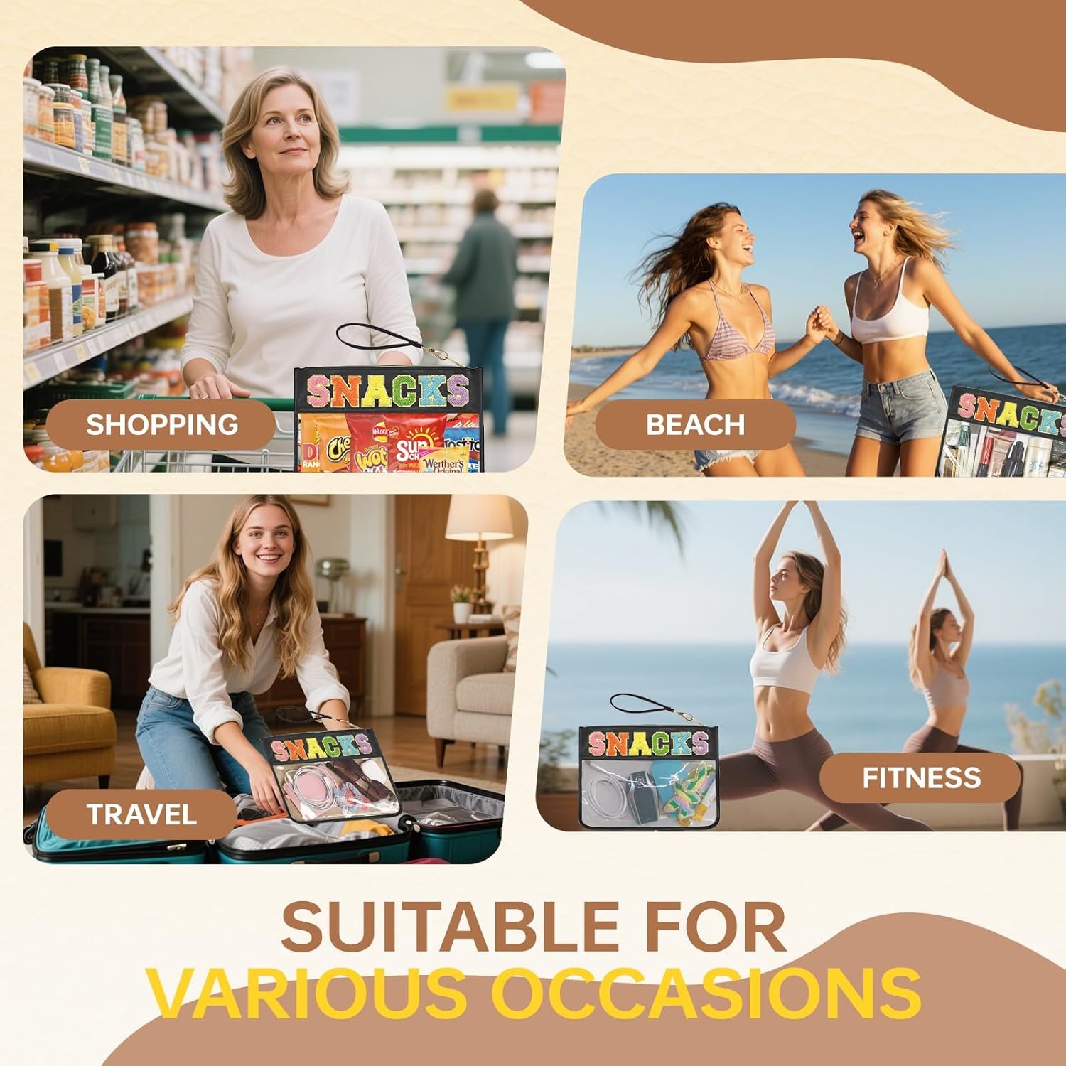 Private Label Snacks Bag Clear Chenille Varsity Letter Zipper Pouch Travel Makeup Aesthetic Storage Organizer with Custom Logo Glitter Patch Letters Black Supplier for Women