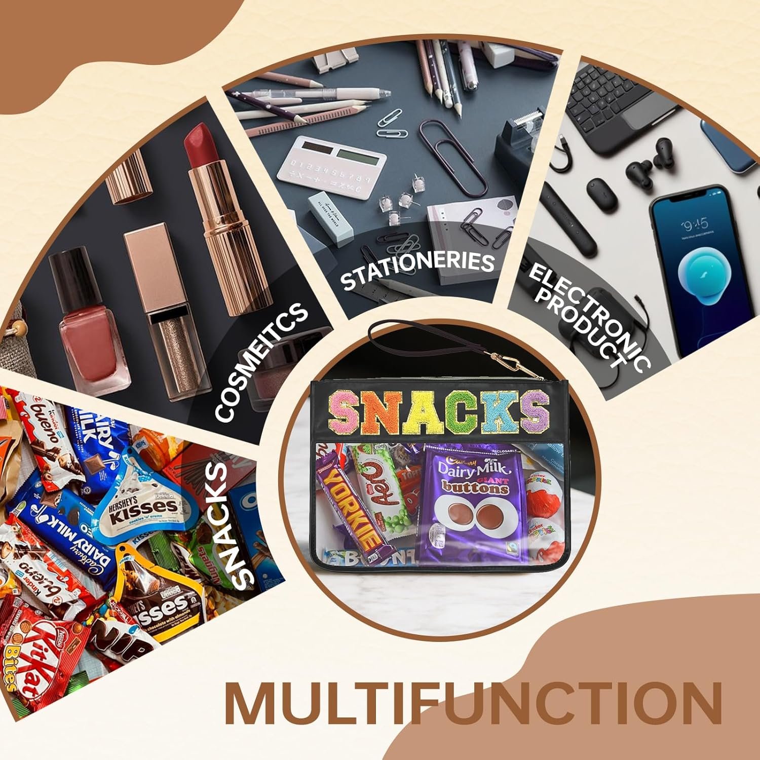 Private Label Snacks Bag Clear Chenille Varsity Letter Zipper Pouch Travel Makeup Aesthetic Storage Organizer with Custom Logo Glitter Patch Letters Black Supplier for Women