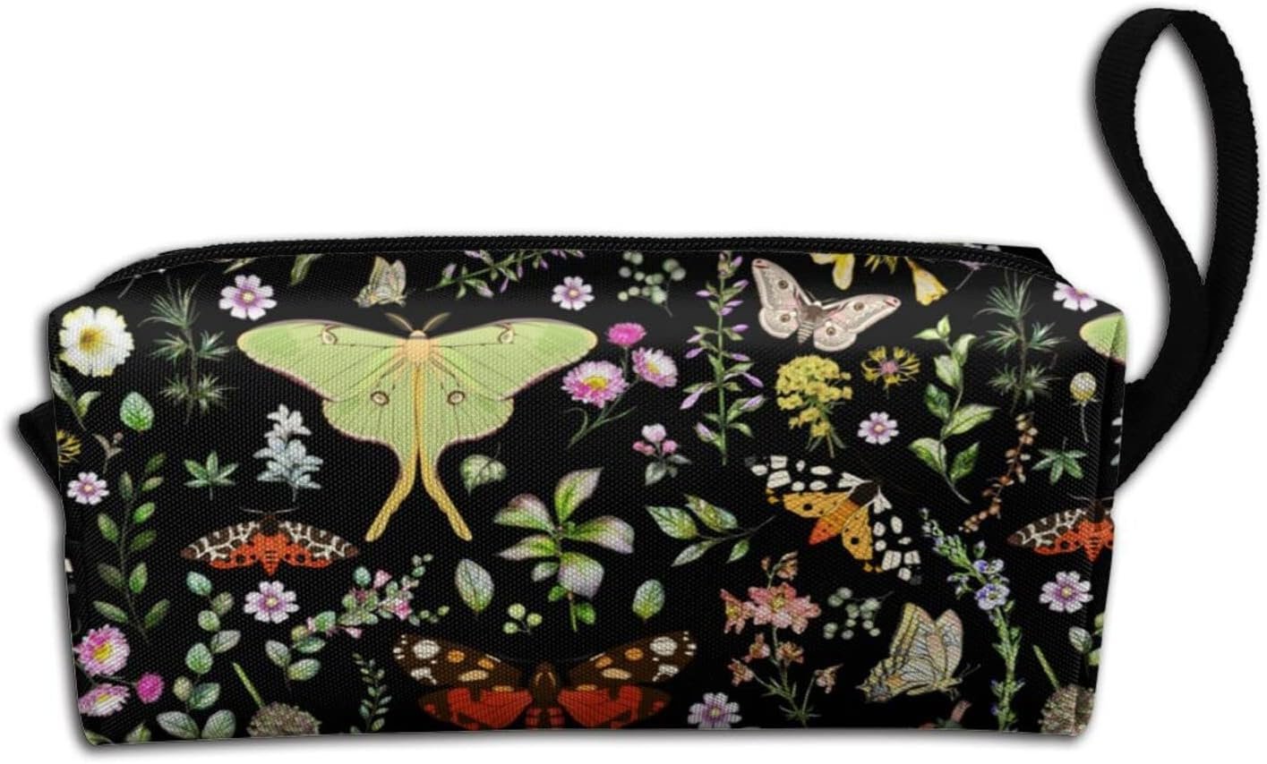 Butterflies Moths Flower Makeup Bag For Women, Portable Cosmetic Bag Zipper Pouch Travel Toiletry Organizer Bag