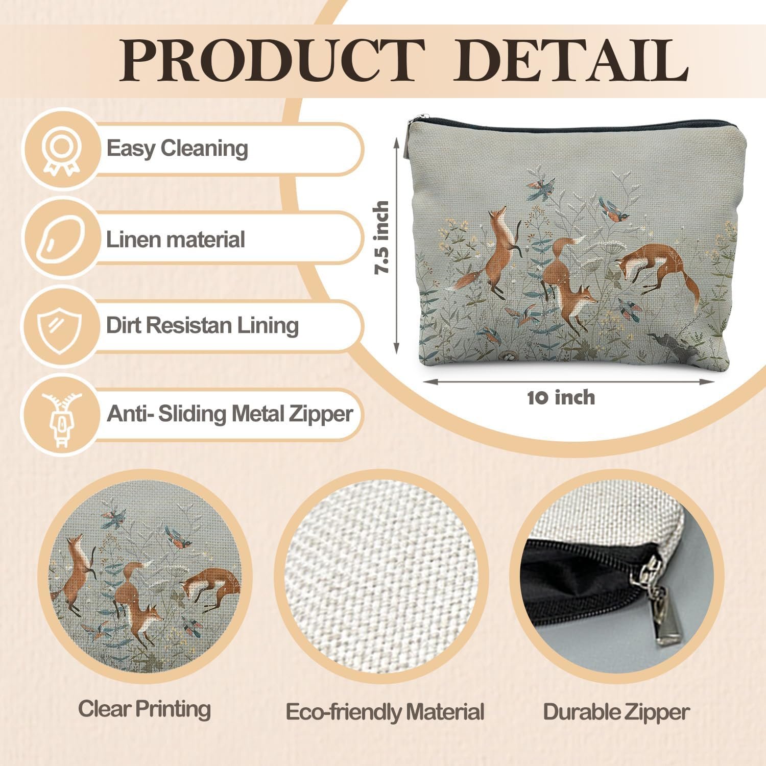 Custom Logo Fox Wildflowers Makeup Bags Private Label Forest Fox Cottagecore Cosmetic Toiletry Bags Manufacturer Gifts for Women Animal Lovers