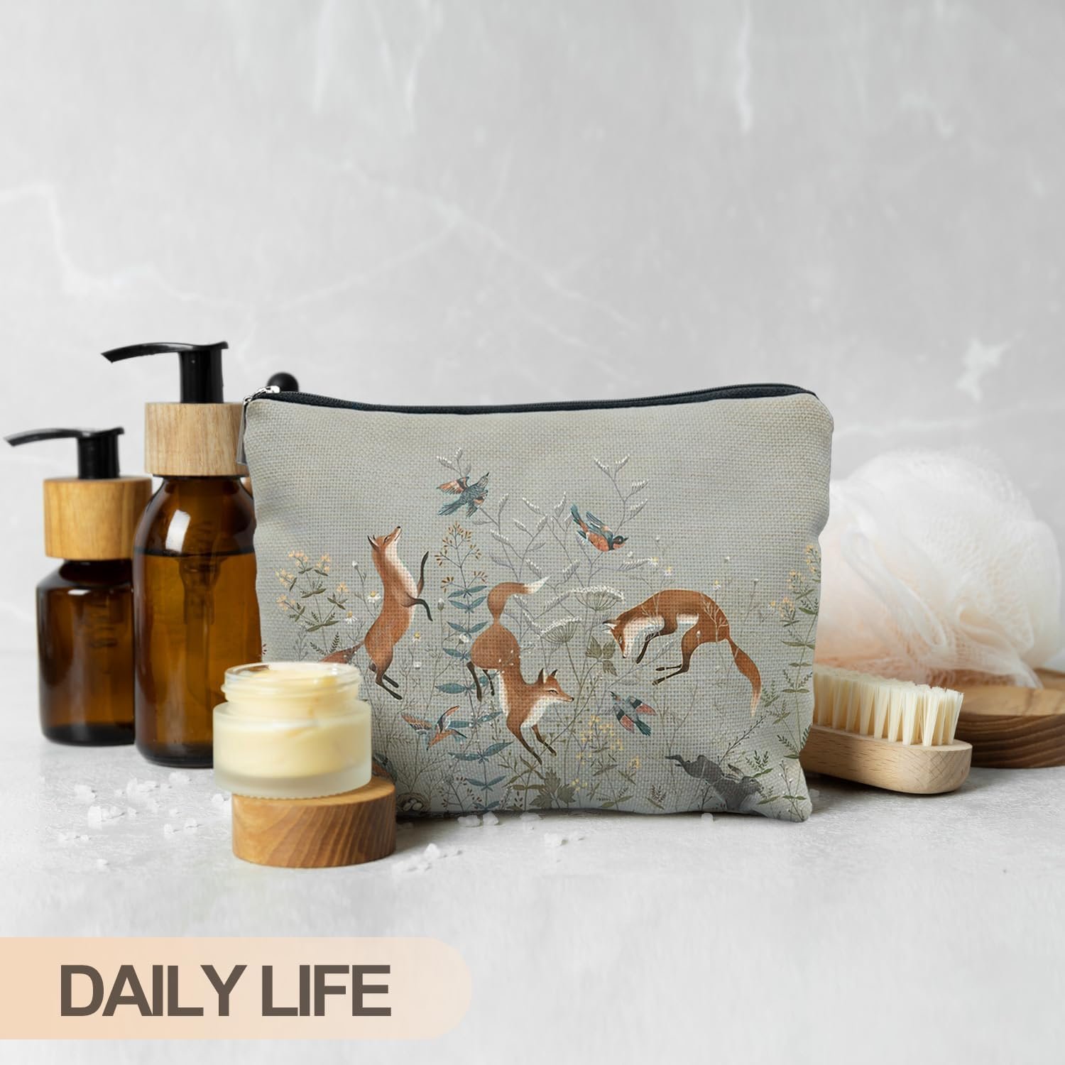 Custom Logo Fox Wildflowers Makeup Bags Private Label Forest Fox Cottagecore Cosmetic Toiletry Bags Manufacturer Gifts for Women Animal Lovers
