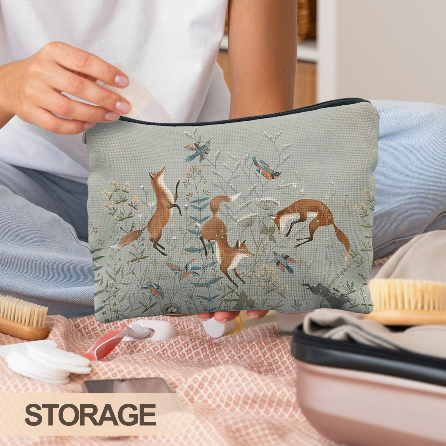 Custom Logo Fox Wildflowers Makeup Bags Private Label Forest Fox Cottagecore Cosmetic Toiletry Bags Manufacturer Gifts for Women Animal Lovers