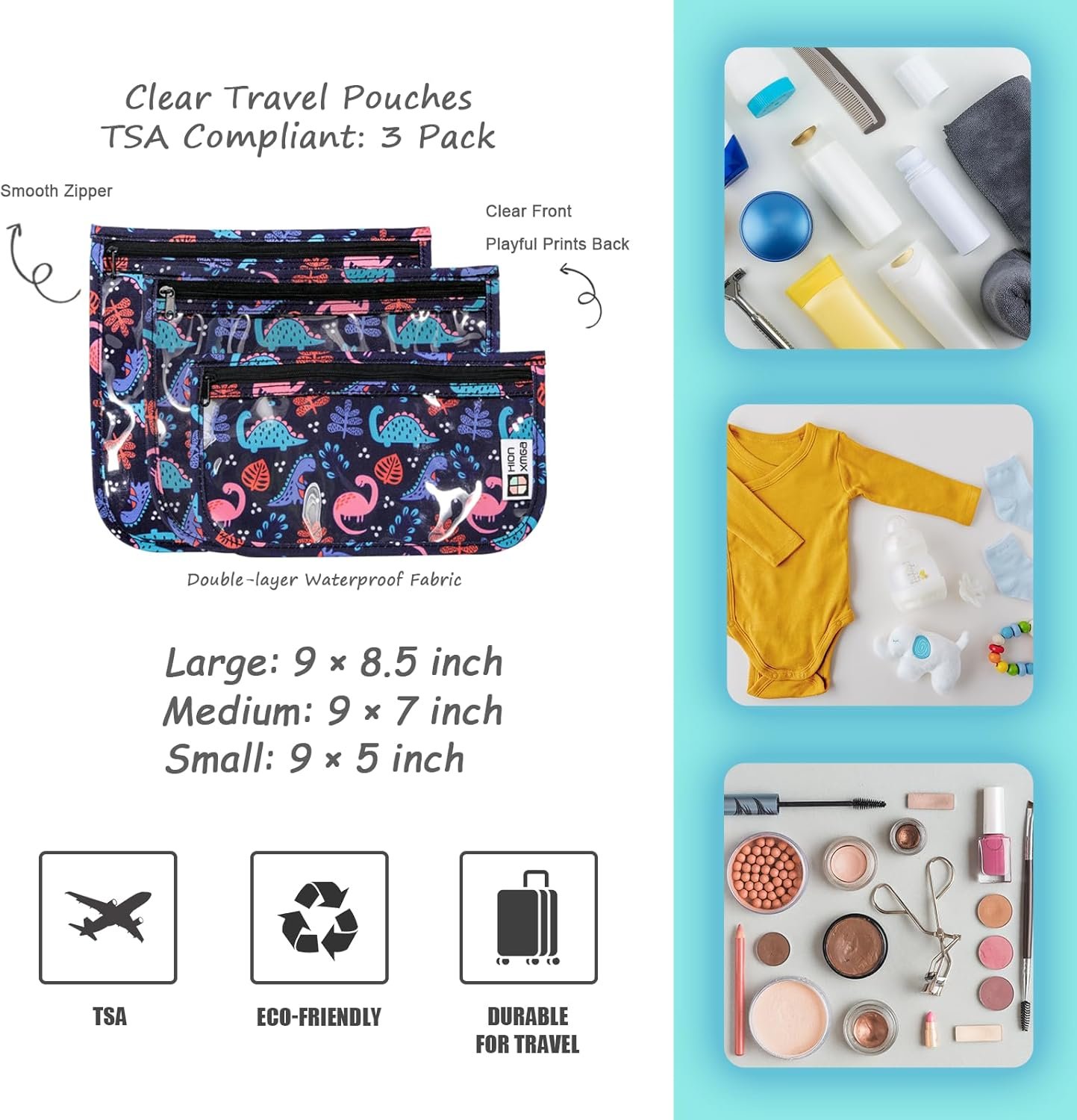 Private Label TSA Approved Quart Size Clear Toiletry Bags Set of 3 Zipper Travel Pouches Waterproof Makeup Cosmetic Carry-On for Toiletries with Custom Logo Dinosaur Design Manufacturer