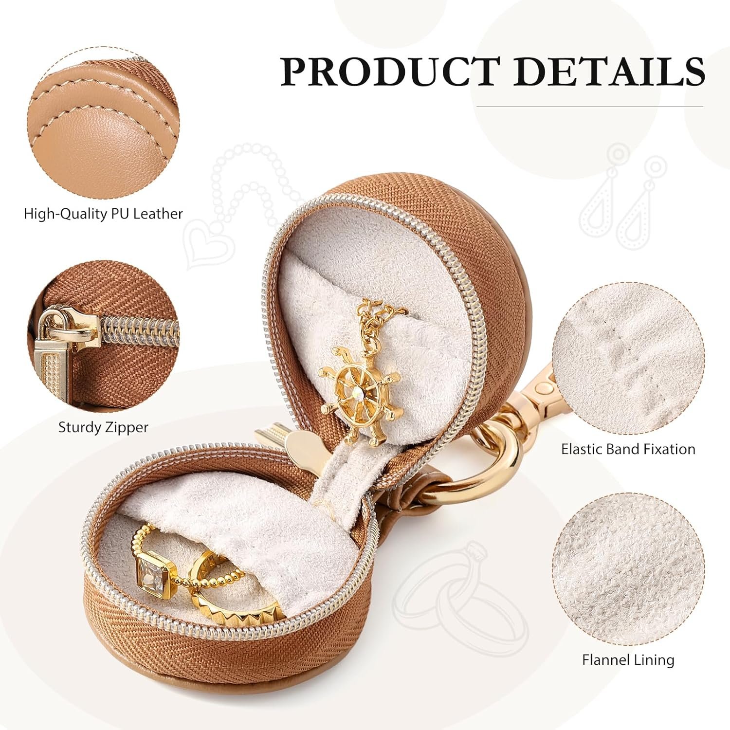 Custom Logo 2 Pcs Small Portable Jewelry Ring Holder Boxes with Keychain Private Label Travel Case for Earrings Studs Necklaces Rings Storage Supplier (White+Khaki)