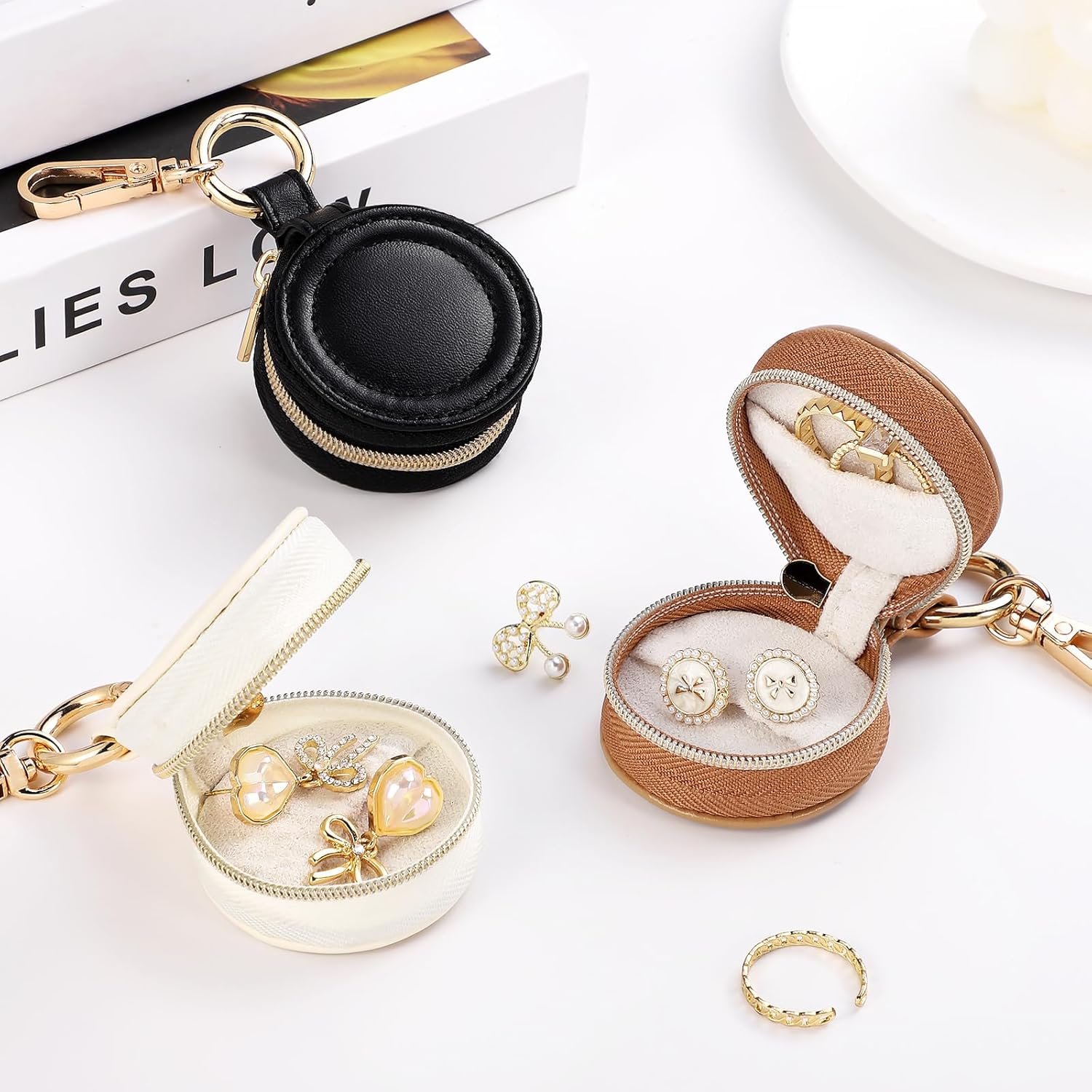 Custom Logo 2 Pcs Small Portable Jewelry Ring Holder Boxes with Keychain Private Label Travel Case for Earrings Studs Necklaces Rings Storage Supplier (White+Khaki)