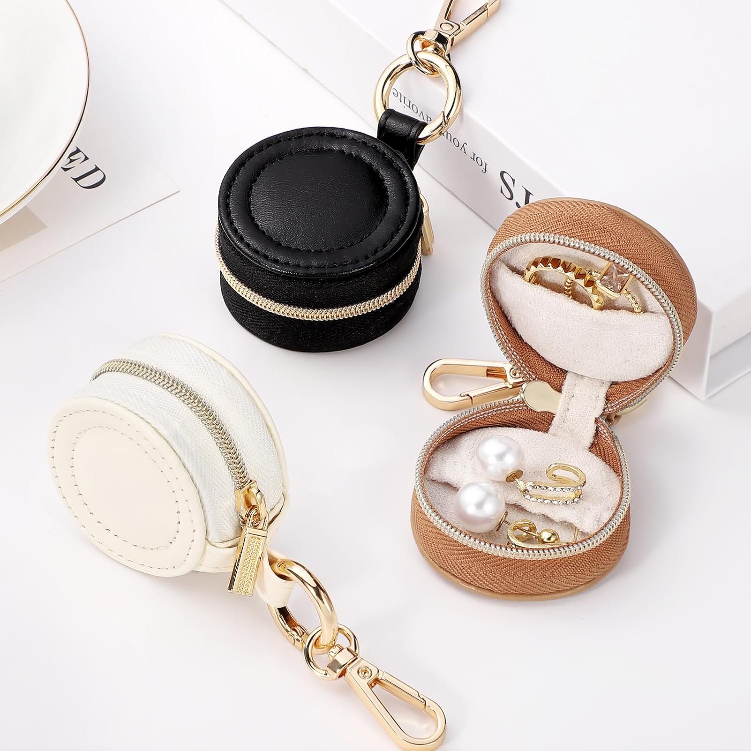 Custom Logo 2 Pcs Small Portable Jewelry Ring Holder Boxes with Keychain Private Label Travel Case for Earrings Studs Necklaces Rings Storage Supplier (White+Khaki)