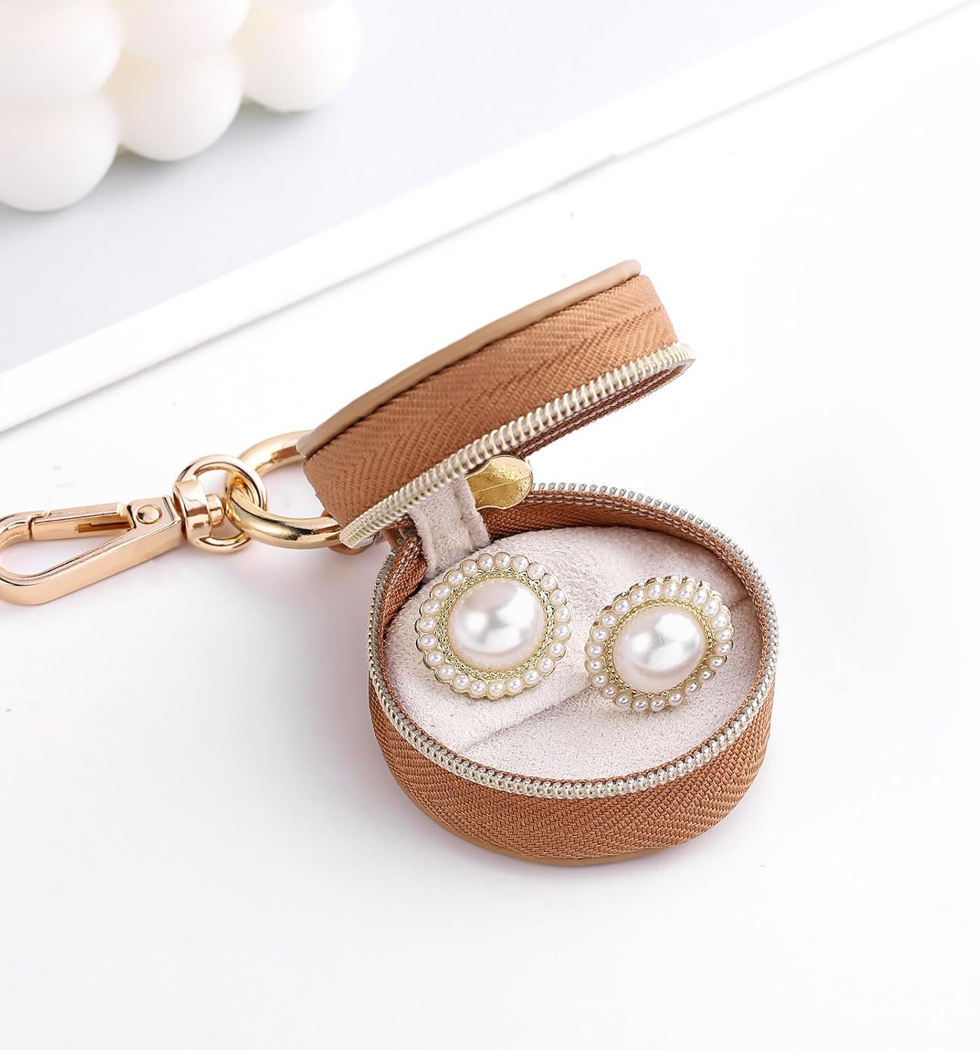 Custom Logo 2 Pcs Small Portable Jewelry Ring Holder Boxes with Keychain Private Label Travel Case for Earrings Studs Necklaces Rings Storage Supplier (White+Khaki)