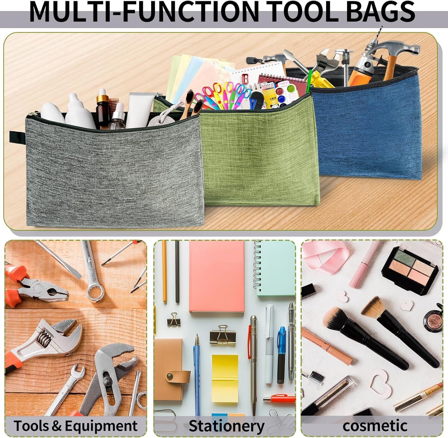 Custom Logo Small Waterproof Zipper Tool Pouches 3 Pack Private Label Zippered Organizer Bags for Tools Gadgets Cosmetics Travel Accessories Manufacturer