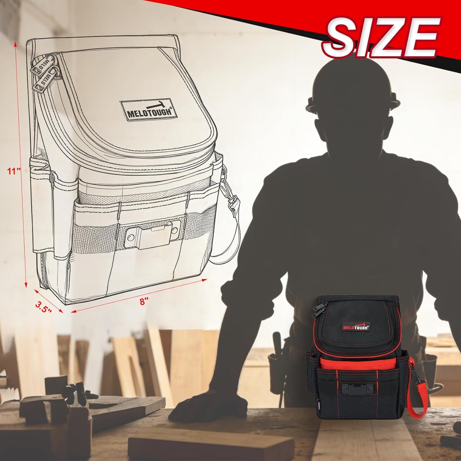 Private Label Medium Ziptop Tool Pouch with Belt Clip 16-Pocket Heavy Duty Zippered Utility Pouch Manufacturer for Electricians Tape Measure Clip Electrical Tape Strap Custom Logo for Carpenters Plumbers HVAC Red