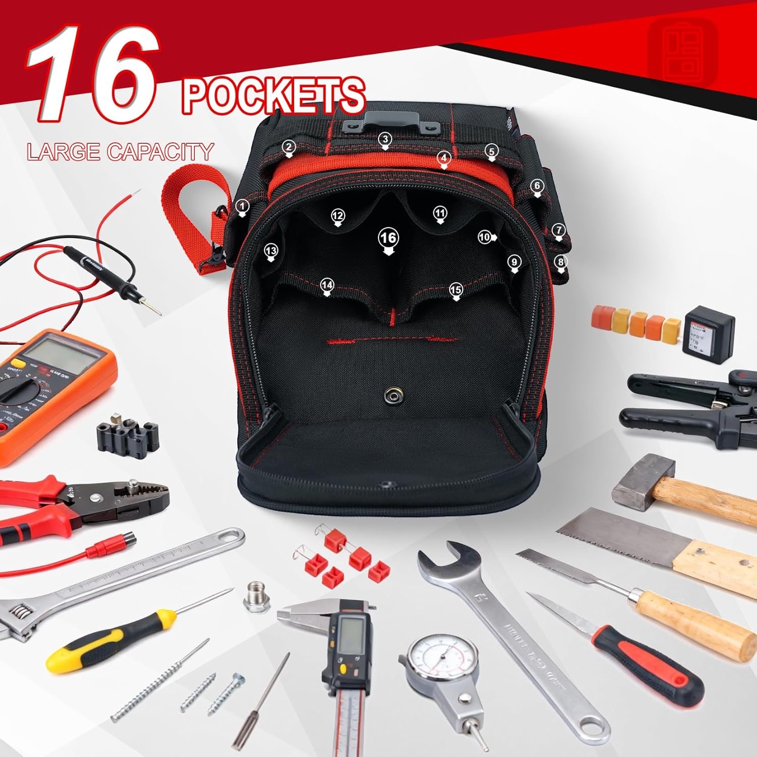 Private Label Medium Ziptop Tool Pouch with Belt Clip 16-Pocket Heavy Duty Zippered Utility Pouch Manufacturer for Electricians Tape Measure Clip Electrical Tape Strap Custom Logo for Carpenters Plumbers HVAC Red