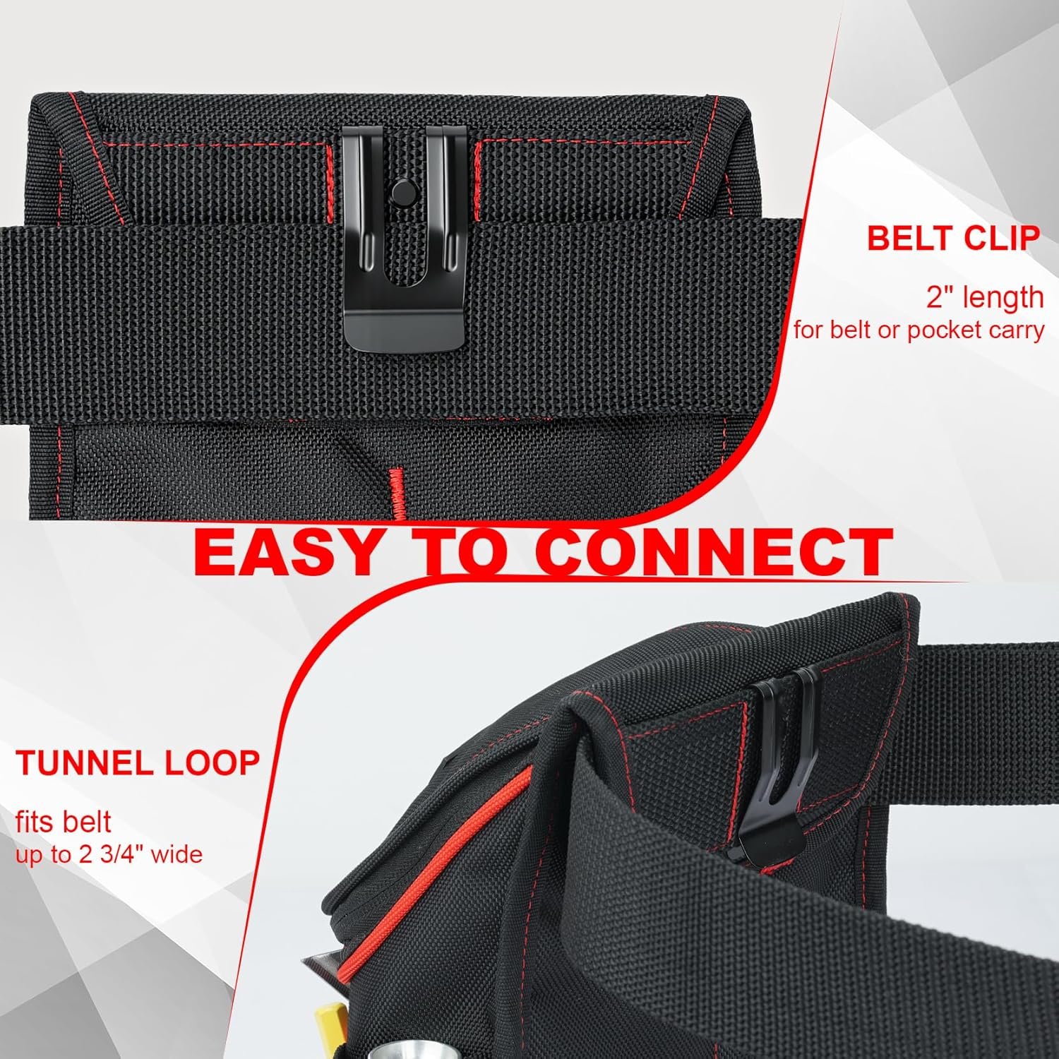 Private Label Medium Ziptop Tool Pouch with Belt Clip 16-Pocket Heavy Duty Zippered Utility Pouch Manufacturer for Electricians Tape Measure Clip Electrical Tape Strap Custom Logo for Carpenters Plumbers HVAC Red