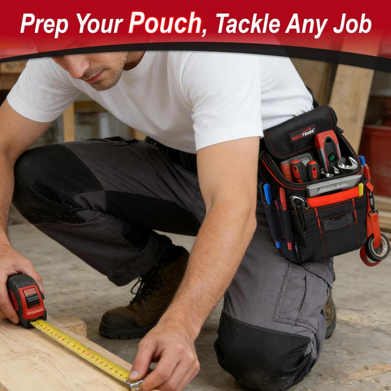 Private Label Medium Ziptop Tool Pouch with Belt Clip 16-Pocket Heavy Duty Zippered Utility Pouch Manufacturer for Electricians Tape Measure Clip Electrical Tape Strap Custom Logo for Carpenters Plumbers HVAC Red