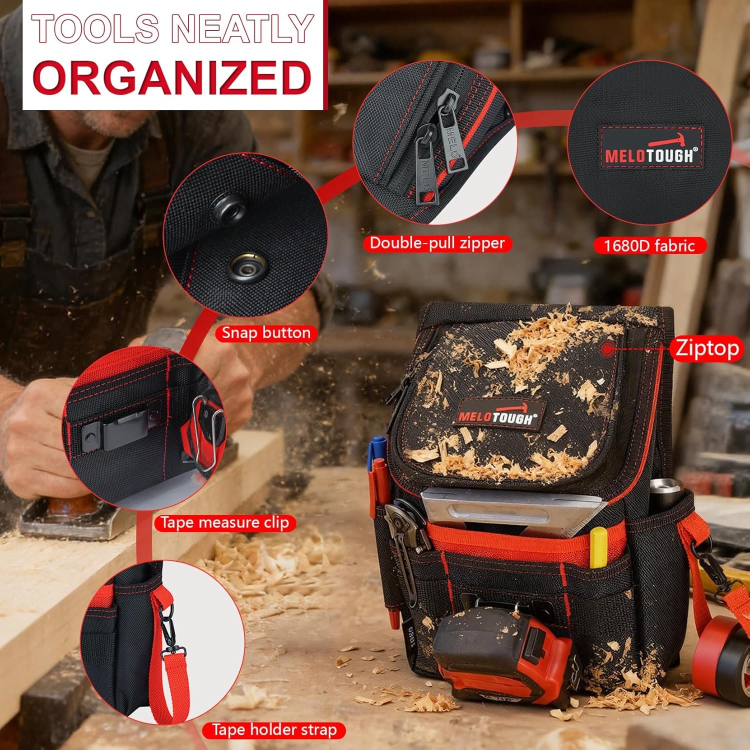 Private Label Medium Ziptop Tool Pouch with Belt Clip 16-Pocket Heavy Duty Zippered Utility Pouch Manufacturer for Electricians Tape Measure Clip Electrical Tape Strap Custom Logo for Carpenters Plumbers HVAC Red