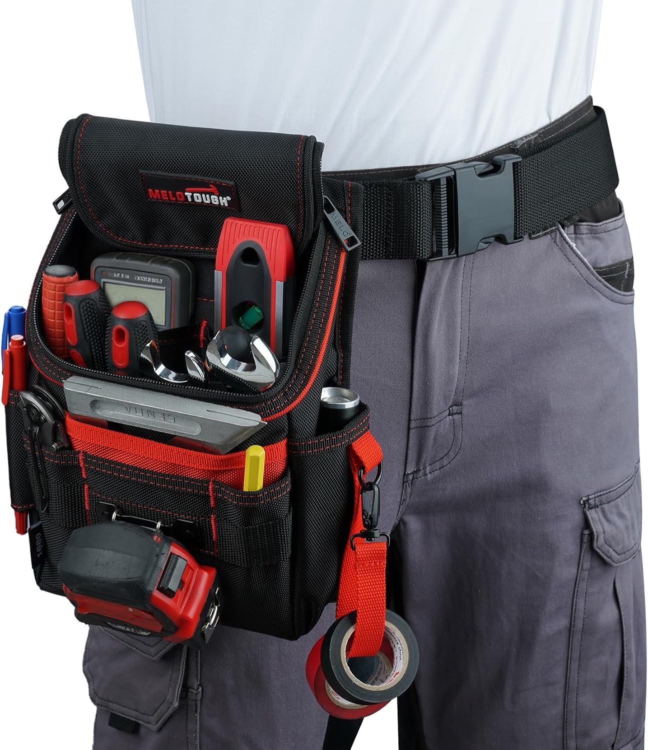 Private Label Medium Ziptop Tool Pouch with Belt Clip 16-Pocket Heavy Duty Zippered Utility Pouch Manufacturer for Electricians Tape Measure Clip Electrical Tape Strap Custom Logo for Carpenters Plumbers HVAC Red