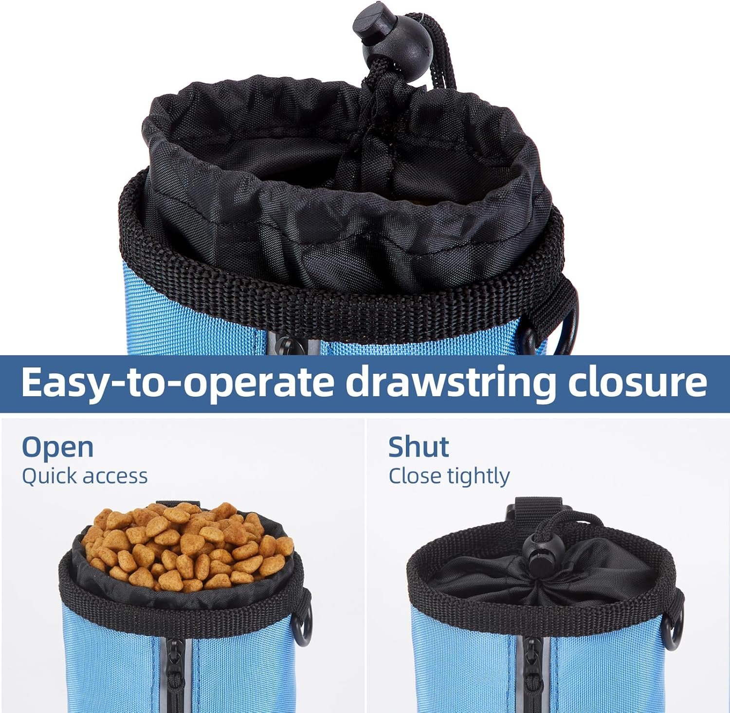 Custom Logo Small-Size Pet Training Treat Pouch with Drawstring Closure - Private Label Dog Treat Bag for Leash Carabiner Hook Poop Bag Holder Reflective Strip 825ml Capacity (Blue) Supplier