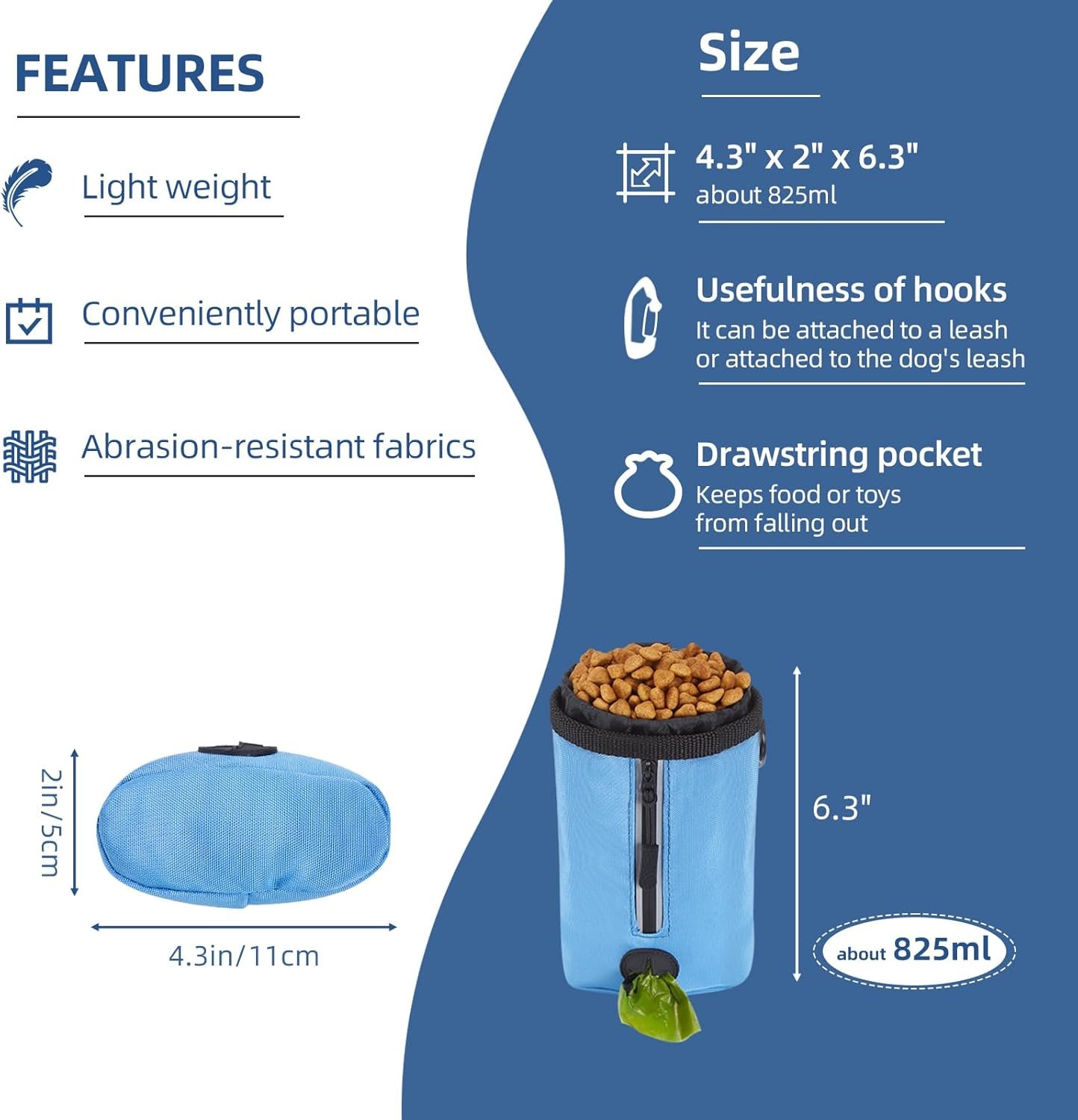 Custom Logo Small-Size Pet Training Treat Pouch with Drawstring Closure - Private Label Dog Treat Bag for Leash Carabiner Hook Poop Bag Holder Reflective Strip 825ml Capacity (Blue) Supplier