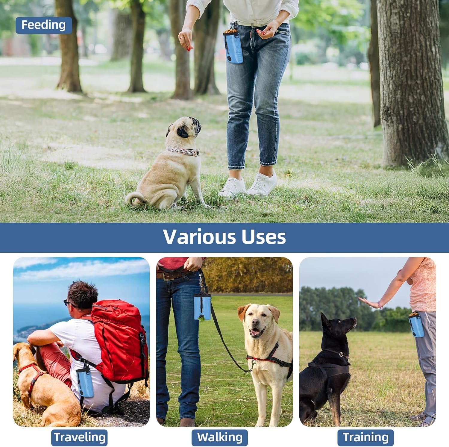 Custom Logo Small-Size Pet Training Treat Pouch with Drawstring Closure - Private Label Dog Treat Bag for Leash Carabiner Hook Poop Bag Holder Reflective Strip 825ml Capacity (Blue) Supplier