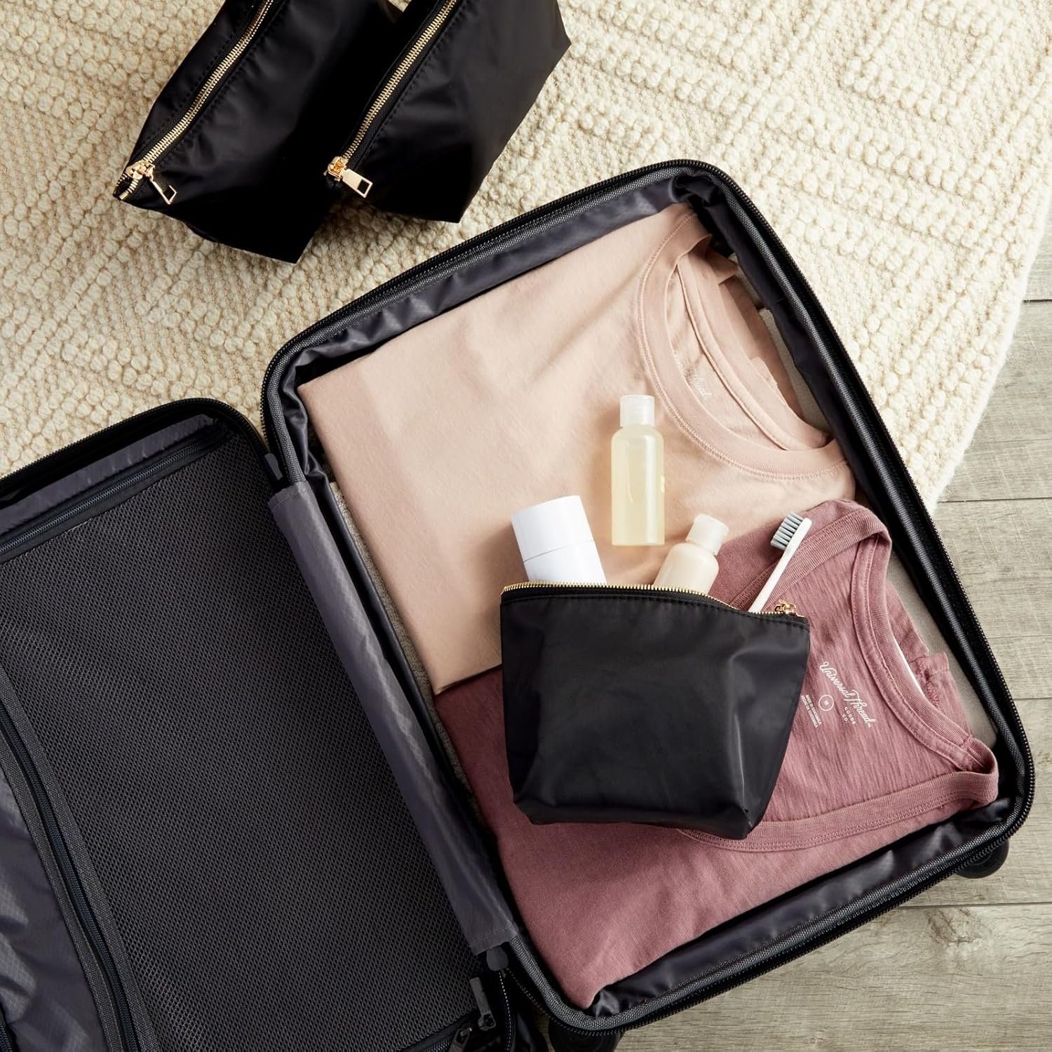 Private Label 3 Piece Black Makeup Bag Set for Women Custom Logo Nylon Zipper Cosmetic Pouch Organizers for Travel Toiletries Manufacturer (3 Sizes)