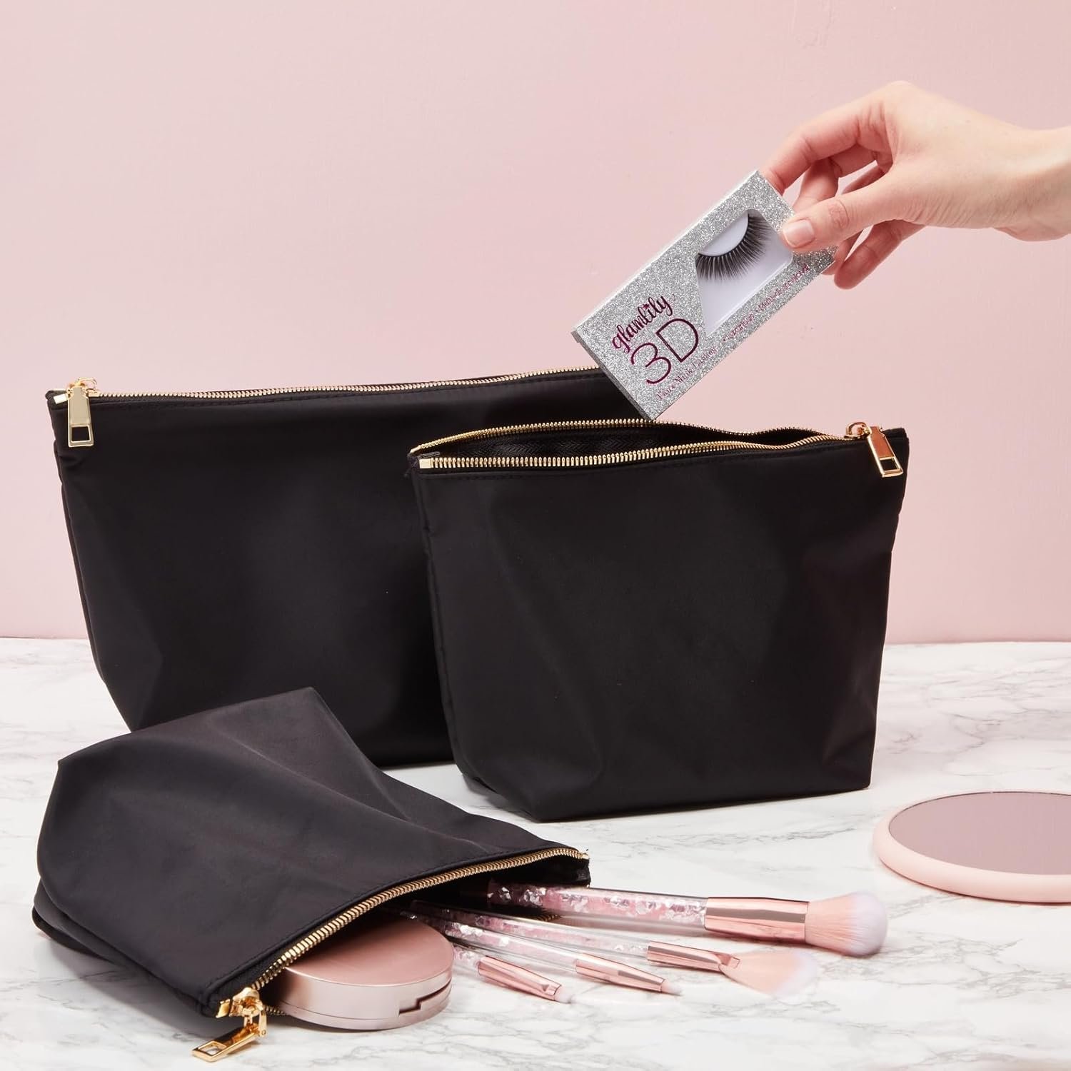 Private Label 3 Piece Black Makeup Bag Set for Women Custom Logo Nylon Zipper Cosmetic Pouch Organizers for Travel Toiletries Manufacturer (3 Sizes)