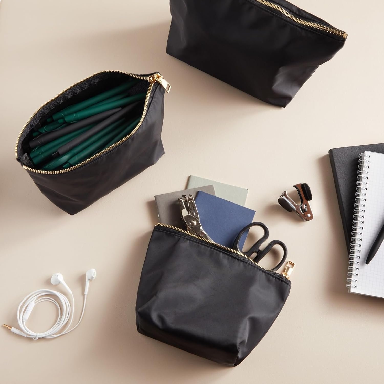 Private Label 3 Piece Black Makeup Bag Set for Women Custom Logo Nylon Zipper Cosmetic Pouch Organizers for Travel Toiletries Manufacturer (3 Sizes)