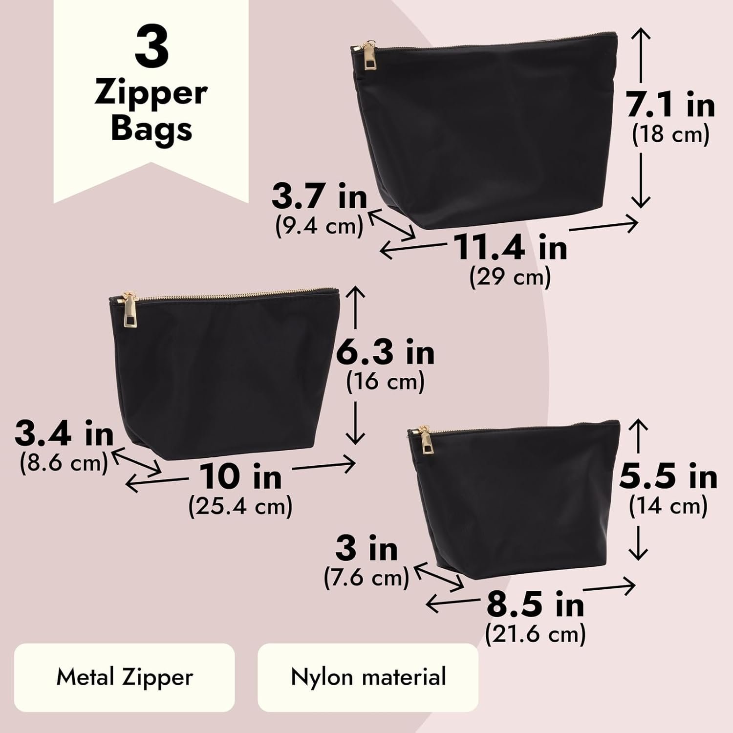 Private Label 3 Piece Black Makeup Bag Set for Women Custom Logo Nylon Zipper Cosmetic Pouch Organizers for Travel Toiletries Manufacturer (3 Sizes)