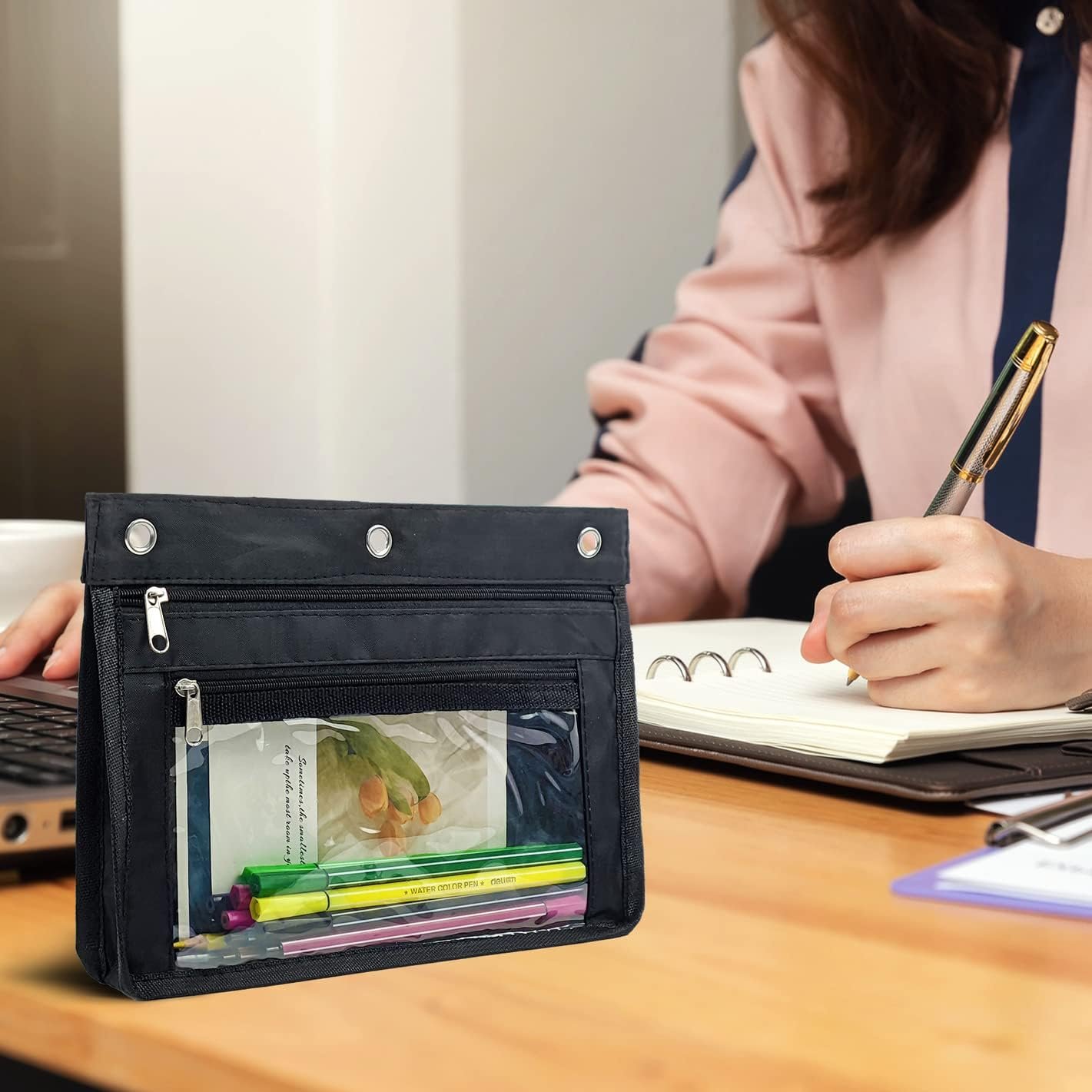 Custom Logo 1 Pack Expandable Zipper Pencil Pouch for 3 Ring Binder Private Label Large Capacity Clear Window Pen Holder Case School Class Office Organizer Black Manufacturer