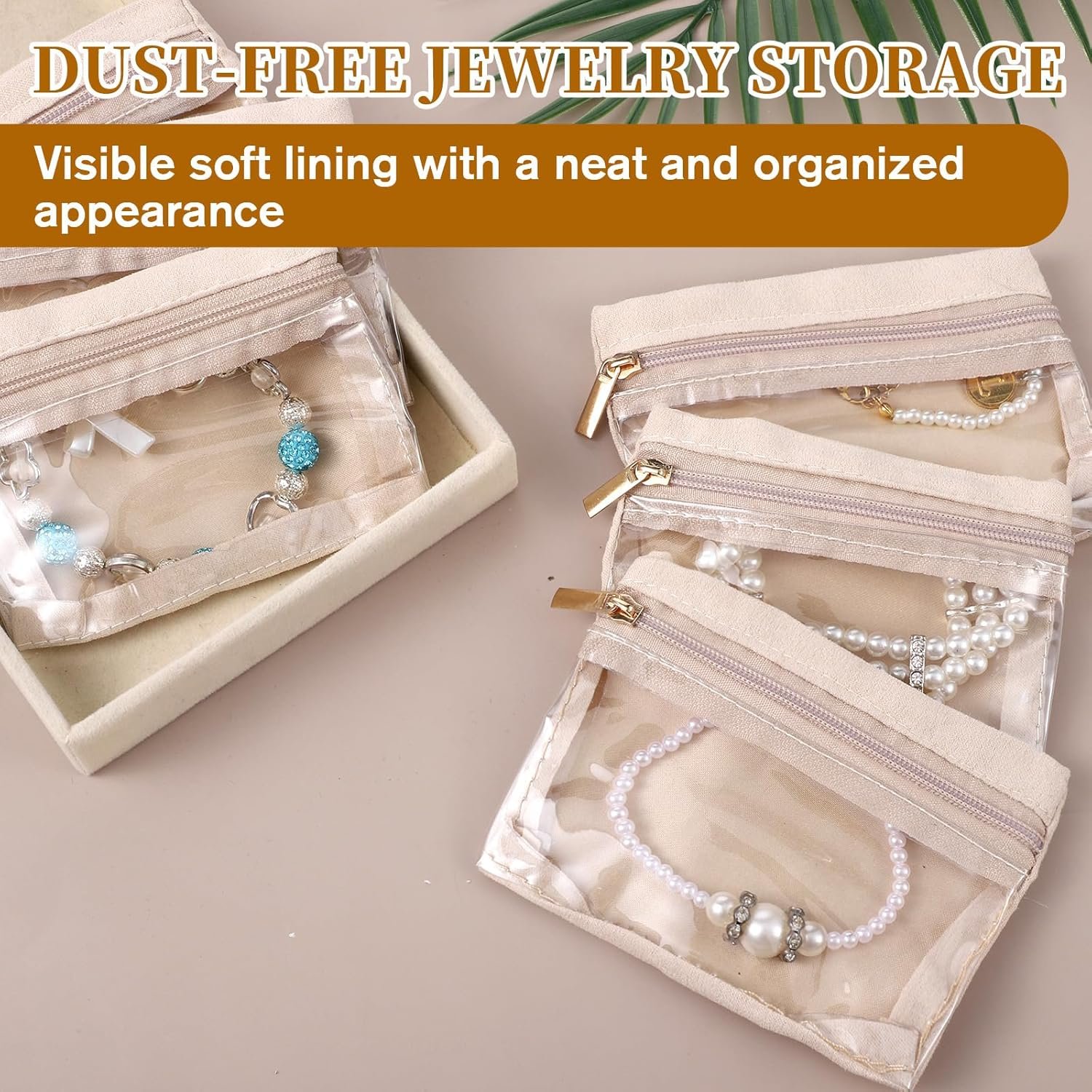 Private Label 6PCS Mini Jewelry Organizer - Clear Velvet Zipper Pouches with Custom Logo for Travel Small Beige Necklace Bracelet Earring Holder from Manufacturer