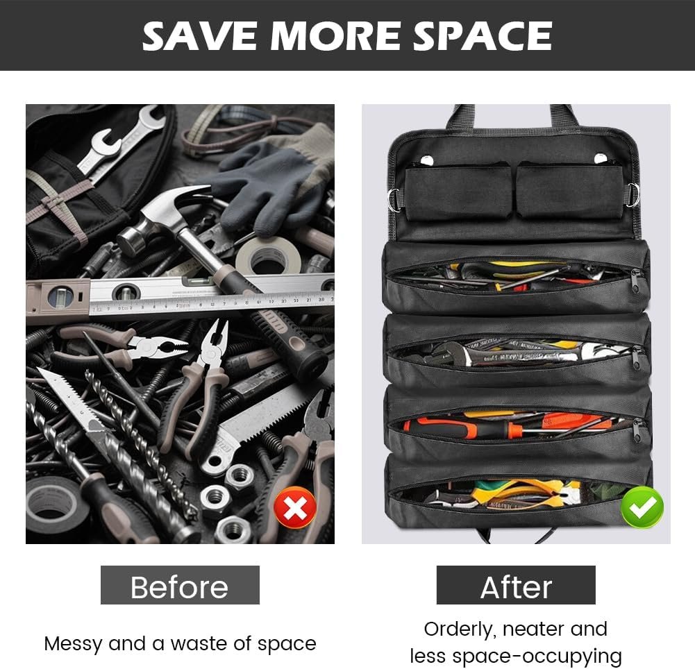 Private Label Heavy-Duty Waterproof Roll-Up Tool Bag with 4 Compartments & 2 Detachable Pouches, Custom Logo Compact Tool Organizer for Mechanics Handymen Electricians RV & Motorcycle Storage (Black, Large) Manufacturer