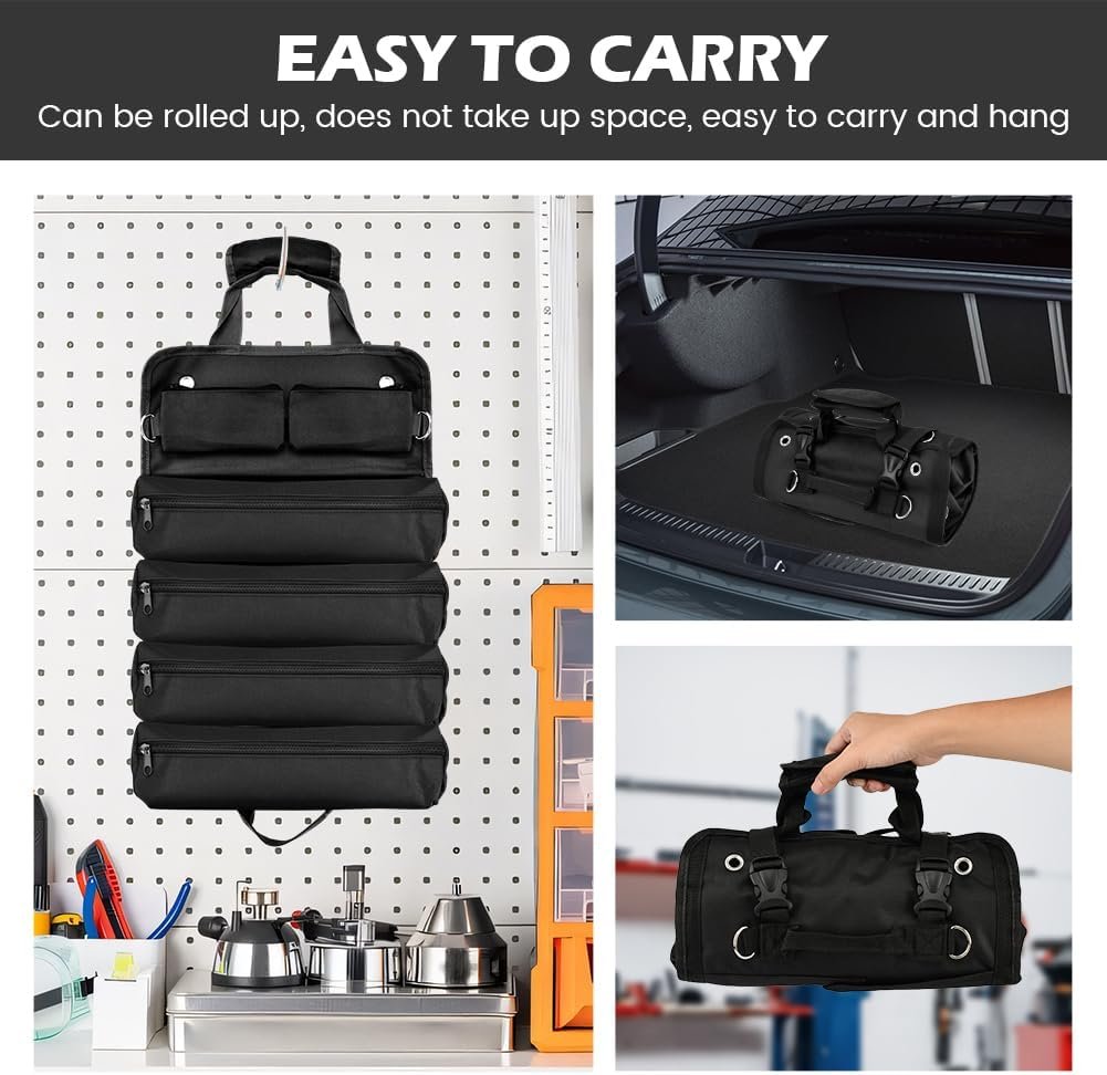 Private Label Heavy-Duty Waterproof Roll-Up Tool Bag with 4 Compartments & 2 Detachable Pouches, Custom Logo Compact Tool Organizer for Mechanics Handymen Electricians RV & Motorcycle Storage (Black, Large) Manufacturer