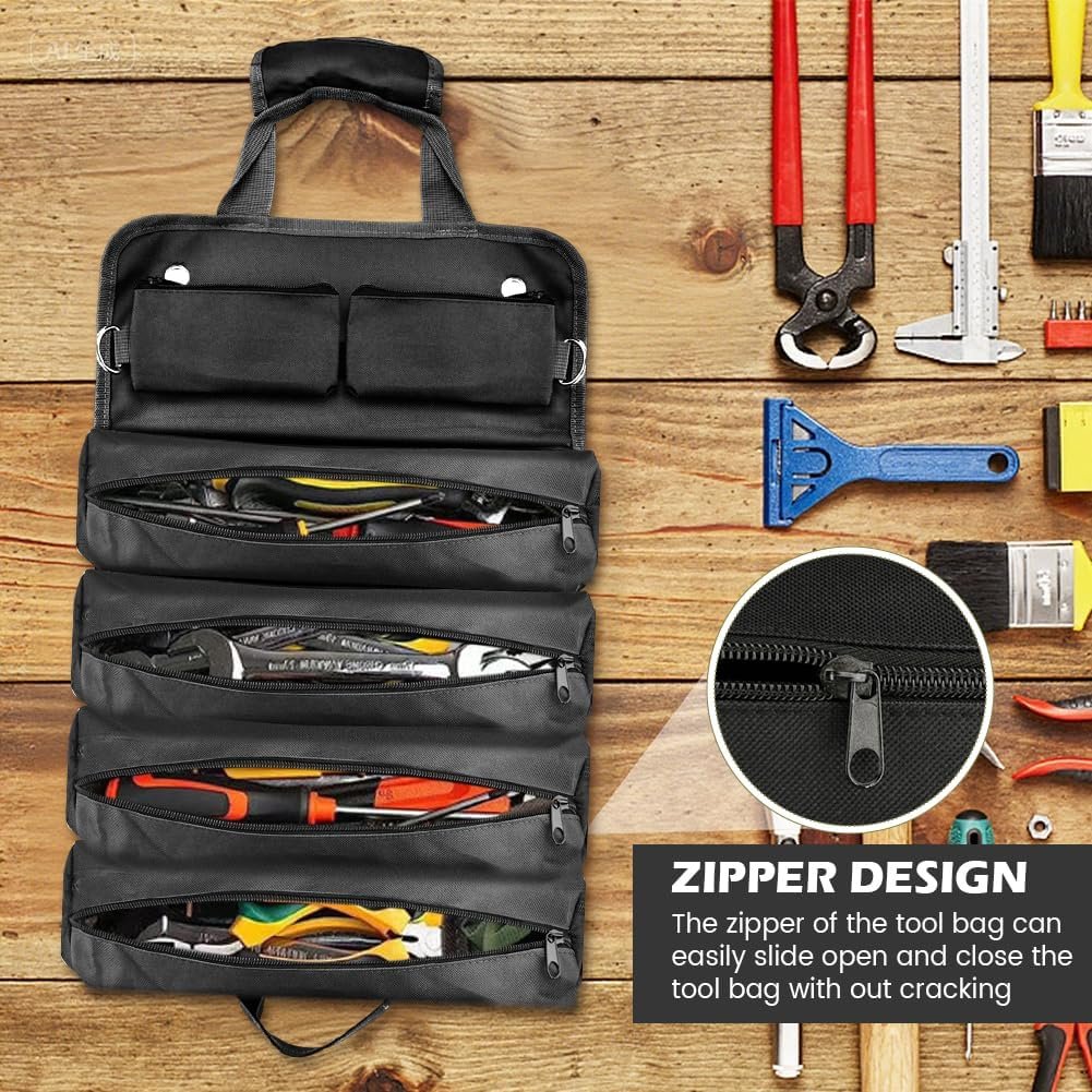 Private Label Heavy-Duty Waterproof Roll-Up Tool Bag with 4 Compartments & 2 Detachable Pouches, Custom Logo Compact Tool Organizer for Mechanics Handymen Electricians RV & Motorcycle Storage (Black, Large) Manufacturer