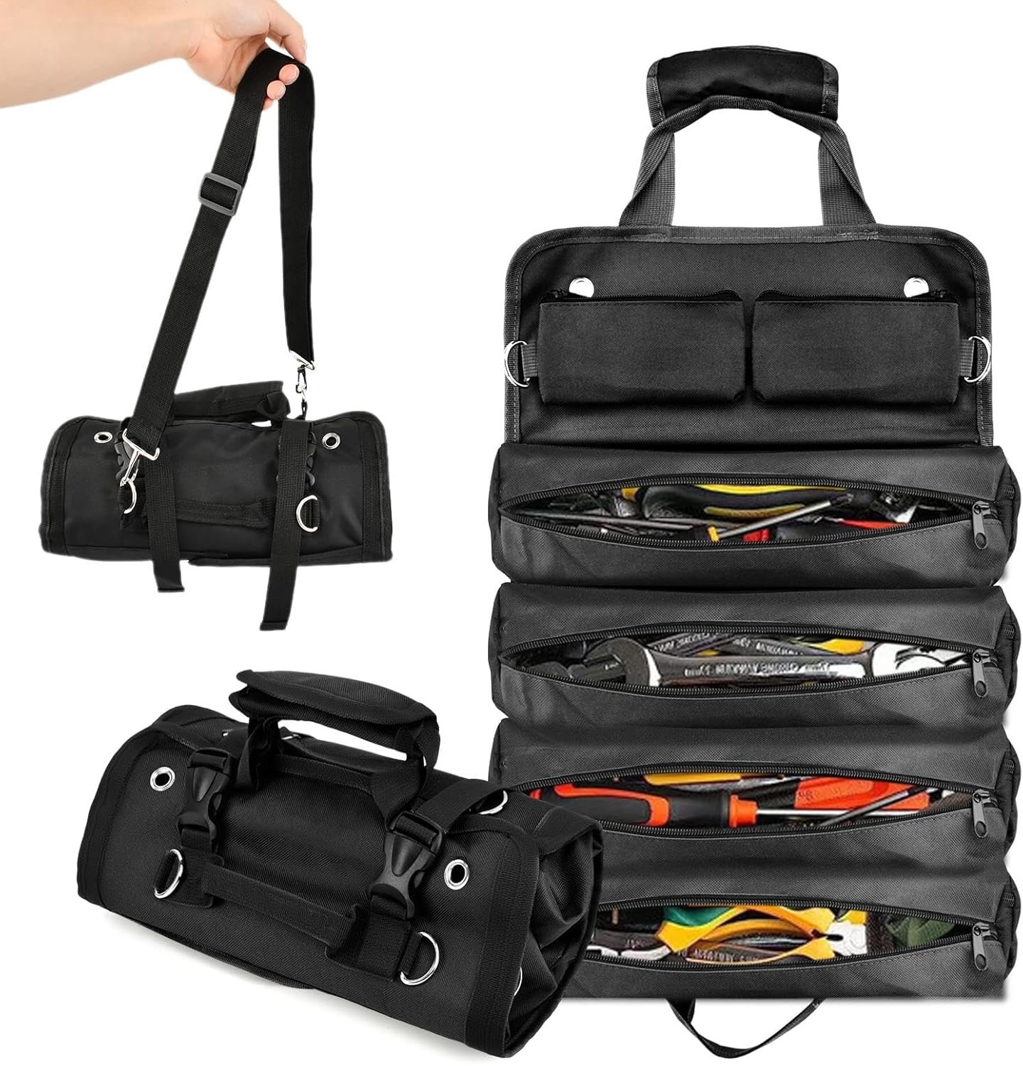 Private Label Heavy-Duty Waterproof Roll-Up Tool Bag with 4 Compartments & 2 Detachable Pouches, Custom Logo Compact Tool Organizer for Mechanics Handymen Electricians RV & Motorcycle Storage (Black, Large) Manufacturer