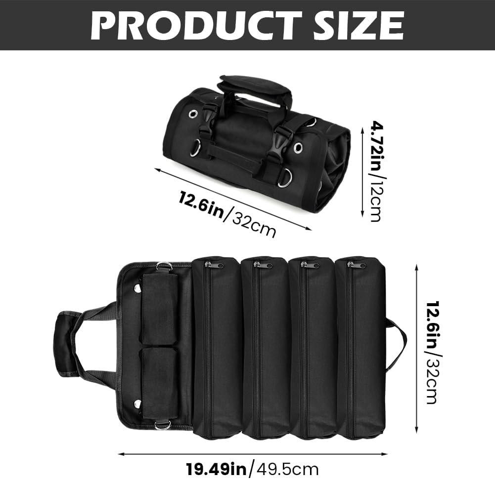 Private Label Heavy-Duty Waterproof Roll-Up Tool Bag with 4 Compartments & 2 Detachable Pouches, Custom Logo Compact Tool Organizer for Mechanics Handymen Electricians RV & Motorcycle Storage (Black, Large) Manufacturer