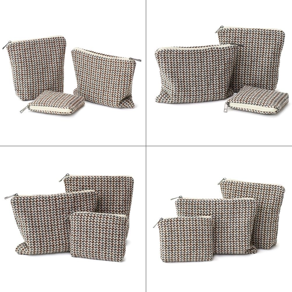 Private Label Small Cosmetic Bag Set of 3 Tweed Makeup Bags Custom Logo 3 Sizes Zipper Pouch Organizer for Travel Toiletries Factory