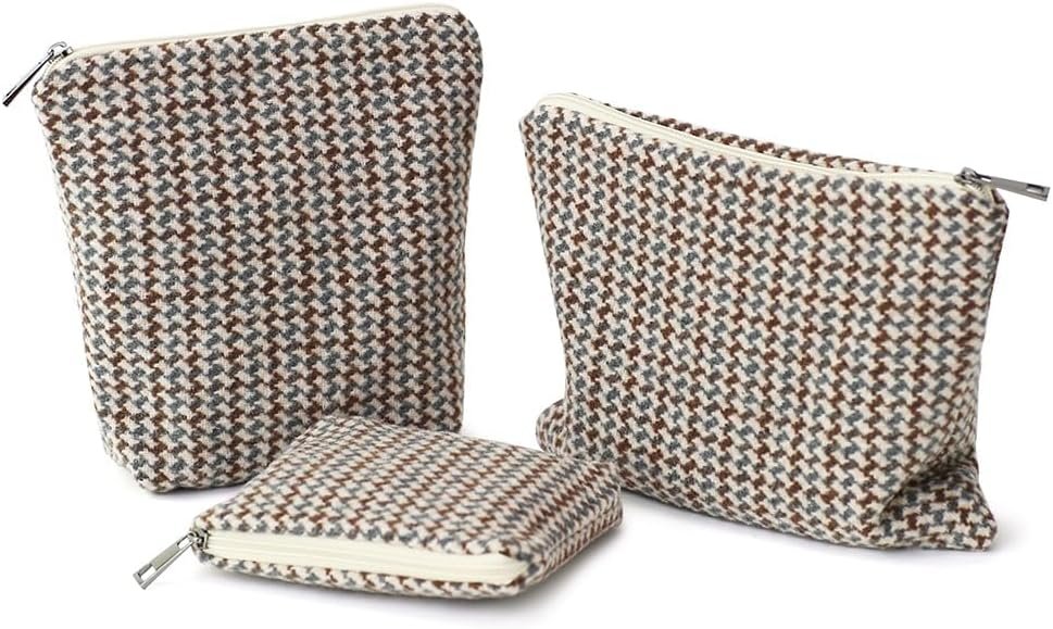 Private Label Small Cosmetic Bag Set of 3 Tweed Makeup Bags Custom Logo 3 Sizes Zipper Pouch Organizer for Travel Toiletries Factory