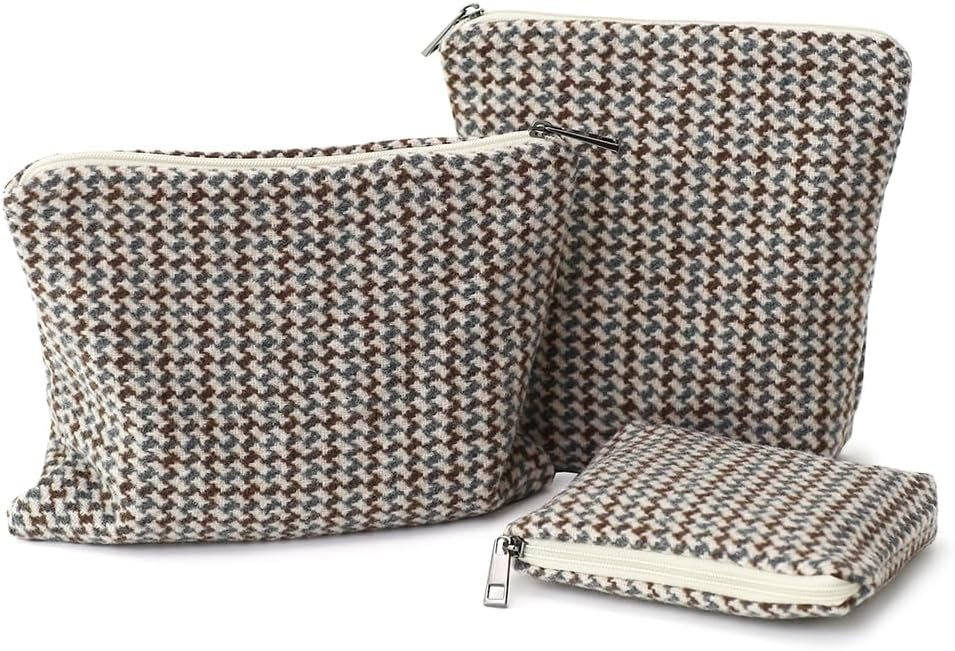 Private Label Small Cosmetic Bag Set of 3 Tweed Makeup Bags Custom Logo 3 Sizes Zipper Pouch Organizer for Travel Toiletries Factory
