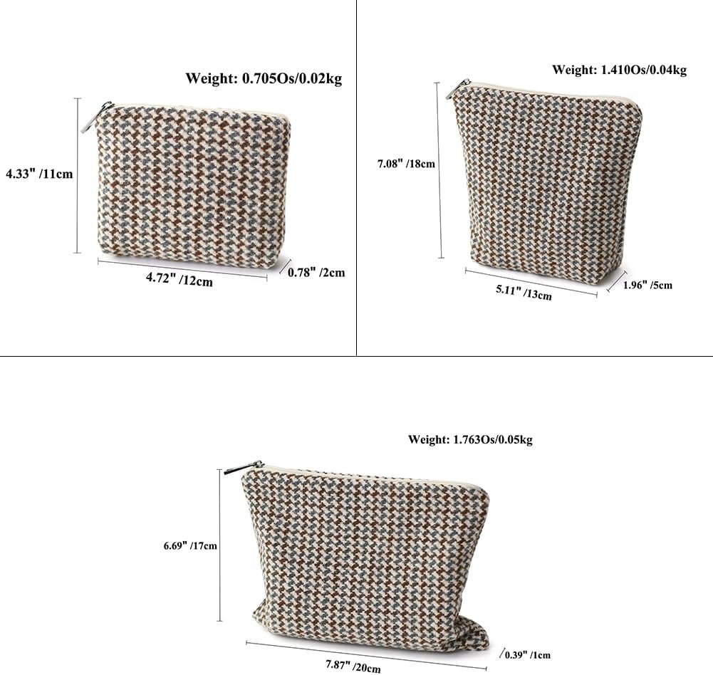 Private Label Small Cosmetic Bag Set of 3 Tweed Makeup Bags Custom Logo 3 Sizes Zipper Pouch Organizer for Travel Toiletries Factory