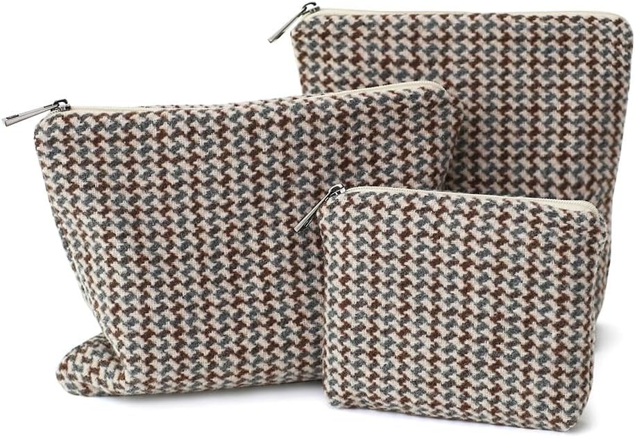 Private Label Small Cosmetic Bag Set of 3 Tweed Makeup Bags Custom Logo 3 Sizes Zipper Pouch Organizer for Travel Toiletries Factory