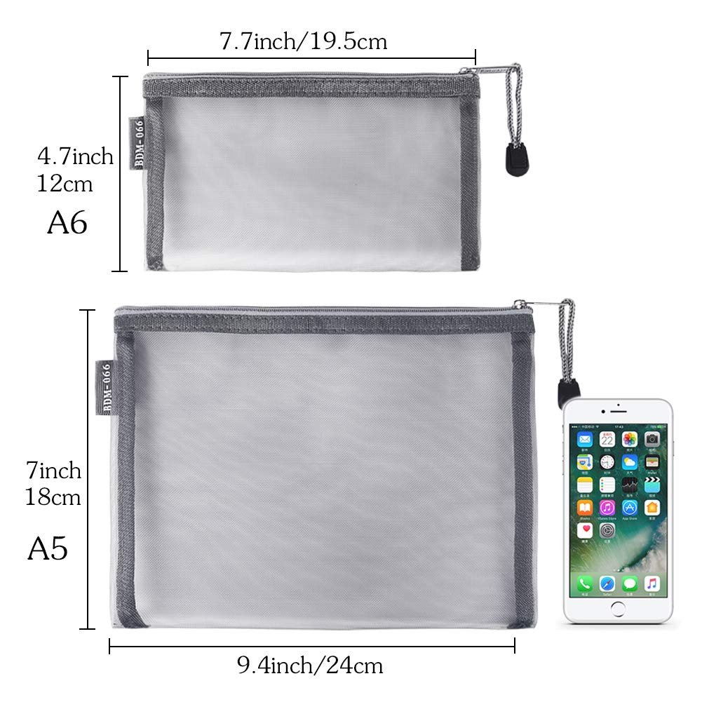 Custom Logo 6PCS Gray Nylon Mesh Zipper Cosmetic Bags Private Label Makeup Pouches Travel Organizer Manufacturer for Purse Diaper Bag (A5 x 3pcs, A6 x 3pcs)