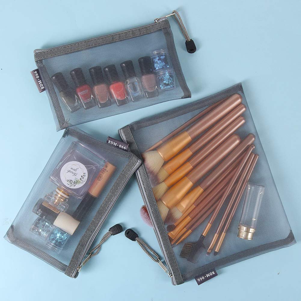 Custom Logo 6PCS Gray Nylon Mesh Zipper Cosmetic Bags Private Label Makeup Pouches Travel Organizer Manufacturer for Purse Diaper Bag (A5 x 3pcs, A6 x 3pcs)