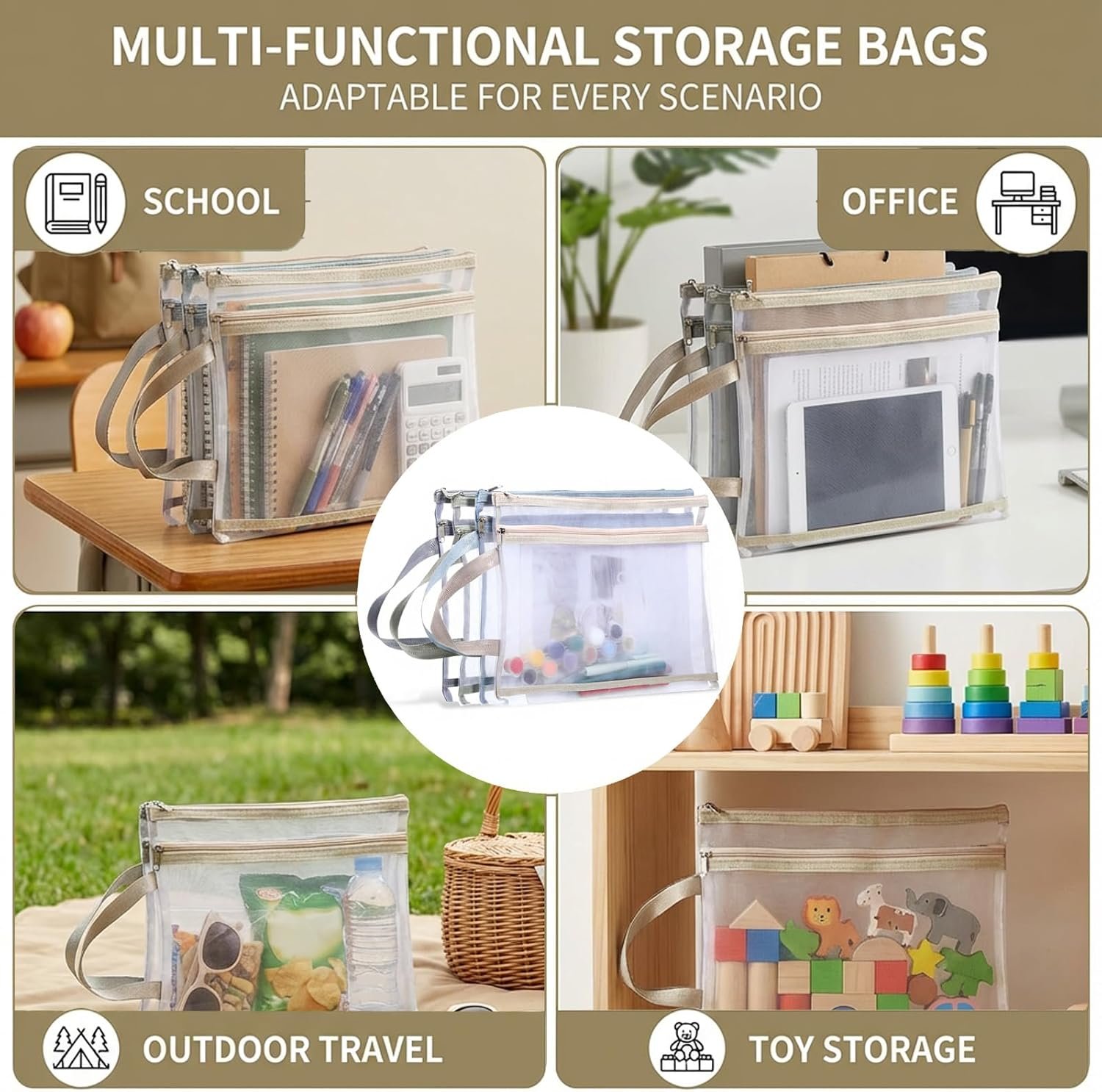 Private Label 4 PCS Colored Double-Layer Mesh Zipper Pouch Bags Large Mesh Storage with Custom Logo Handle for School Office Puzzles Board Games Organization Manufacturer