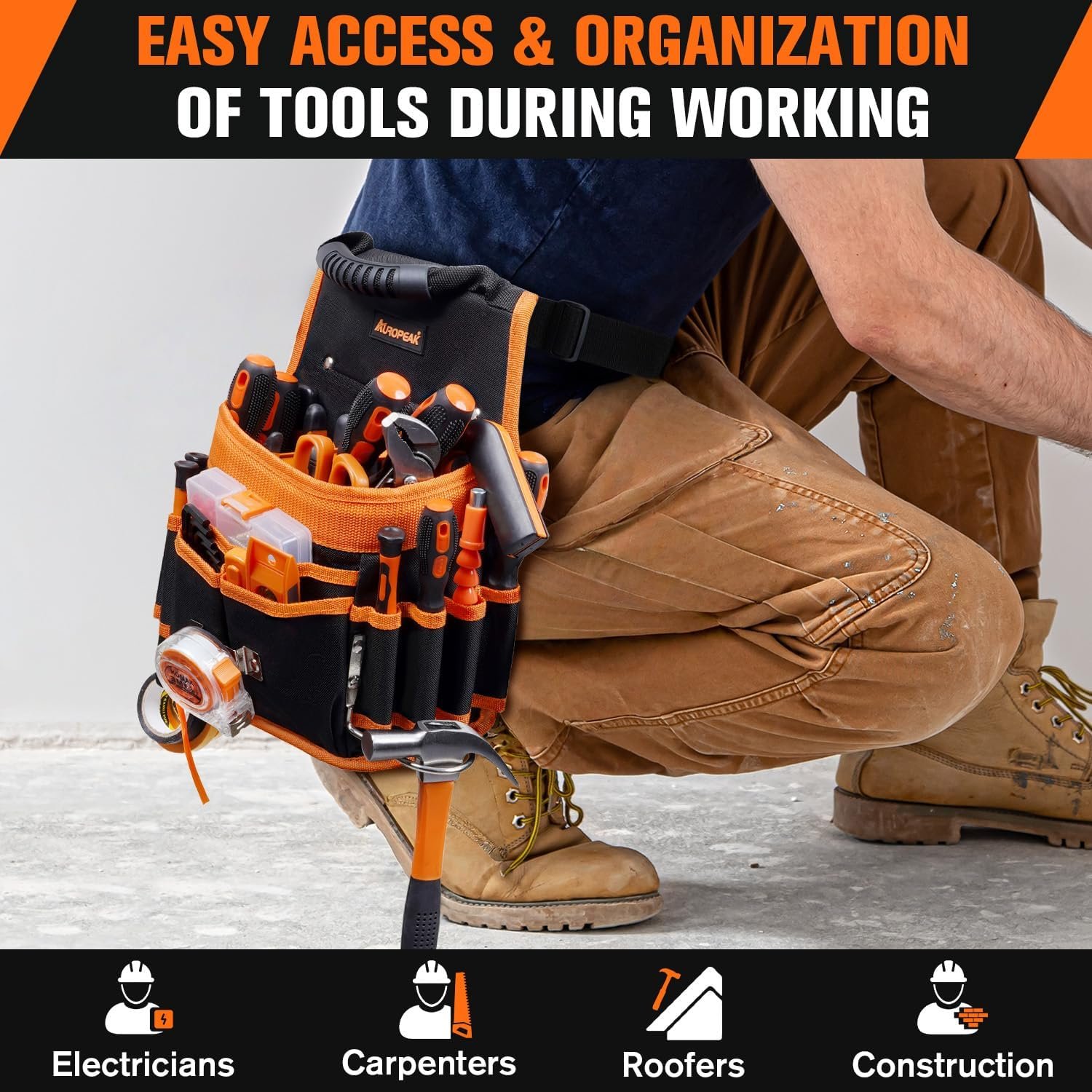 Private Label 22-Pocket Electrician Tool Belt Pouch with Hammer Loops Tape Clip and Custom Logo Detachable Adjustable Single-Side Belt from Manufacturer for HVAC Craftsmen Contractors Electricians Carpenters