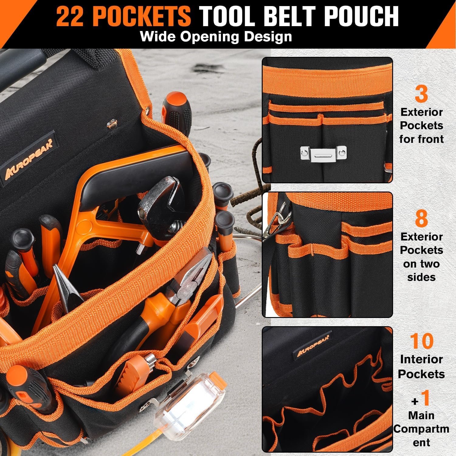 Private Label 22-Pocket Electrician Tool Belt Pouch with Hammer Loops Tape Clip and Custom Logo Detachable Adjustable Single-Side Belt from Manufacturer for HVAC Craftsmen Contractors Electricians Carpenters