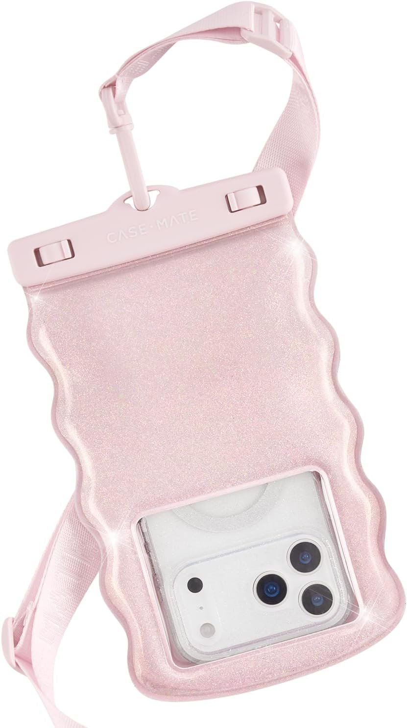 Case-Mate Wavy IP68 Waterproof Phone Pouch - Large Floating Phone Case w/Crossbody Lanyard - Cruise Ship Travel Essentials Compatible w/All Devices - Hidden Pocket for Card/Cash- Ballet Pink Twinkle