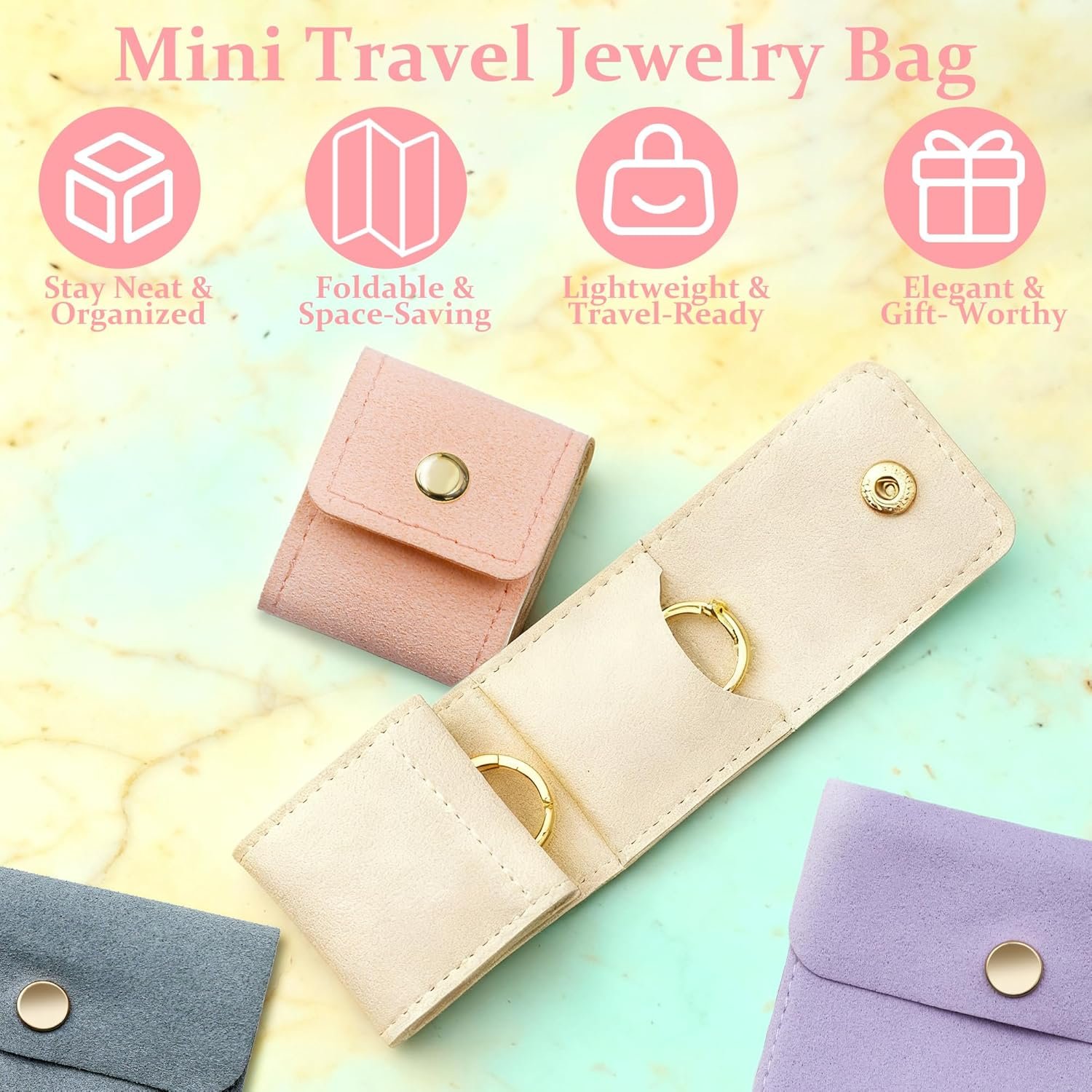 Private Label 4PCS Mini Travel Jewelry Bags 2 Middle + 2 Small Foldable Organizer Pouches for Necklaces Earrings Rings Bracelets Manufacturer Custom Logo Compact Case with Buckle Women Travel Essentials