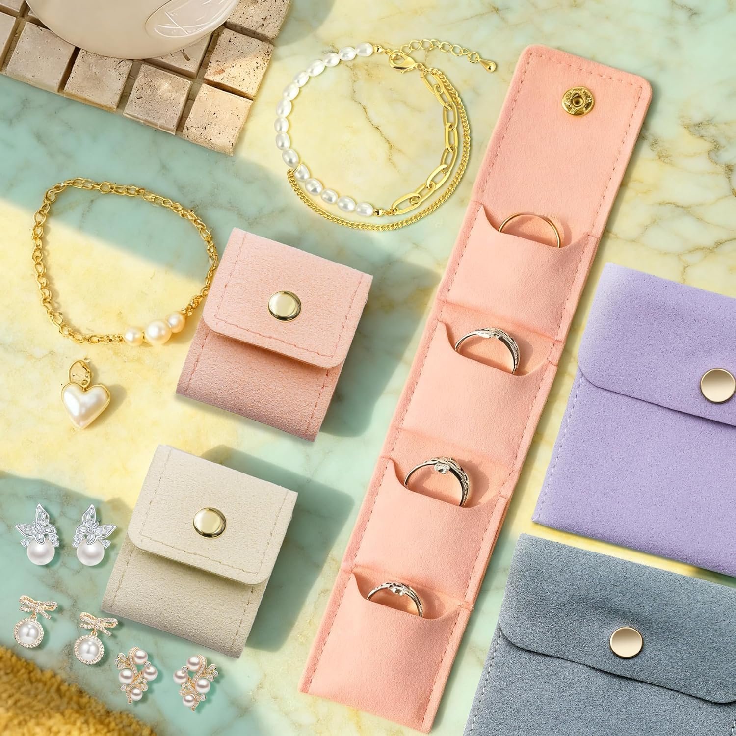 Private Label 4PCS Mini Travel Jewelry Bags 2 Middle + 2 Small Foldable Organizer Pouches for Necklaces Earrings Rings Bracelets Manufacturer Custom Logo Compact Case with Buckle Women Travel Essentials