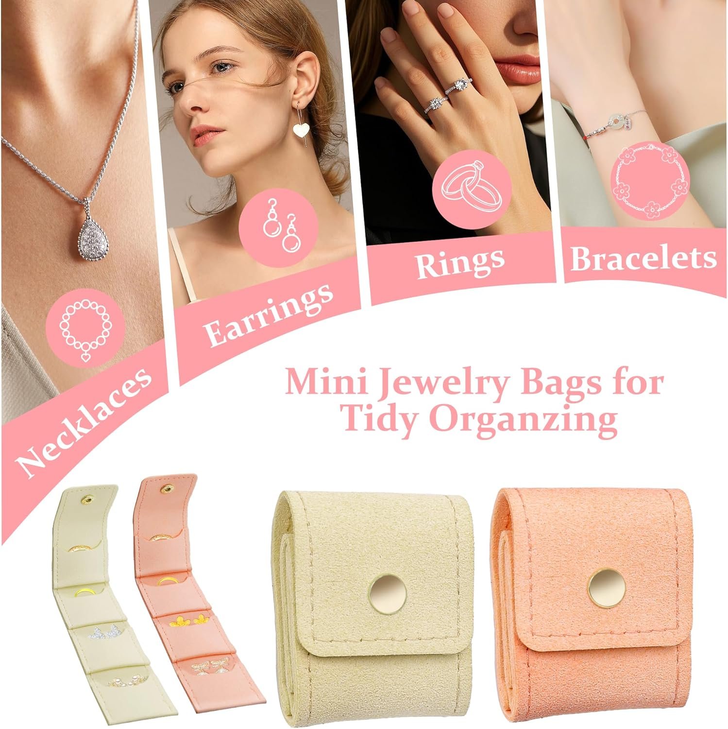 Private Label 4PCS Mini Travel Jewelry Bags 2 Middle + 2 Small Foldable Organizer Pouches for Necklaces Earrings Rings Bracelets Manufacturer Custom Logo Compact Case with Buckle Women Travel Essentials