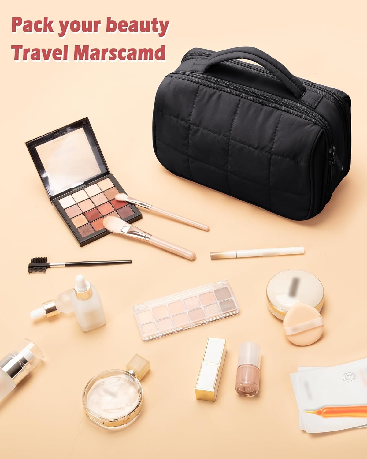 Custom Logo Travel Makeup Bag for Women Puffy Cosmetics Organizer with Waterproof Pockets Private Label Toiletry Pouch for Makeup Brushes Skincare & Travel Essentials Black (Bag Only) from Factory